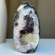 Huge Amethyst Geode, 7.5 in Statement piece for collectors, Large Cave Egg shaped, full of colors polished stone, Stunning decor AAA Crystal
