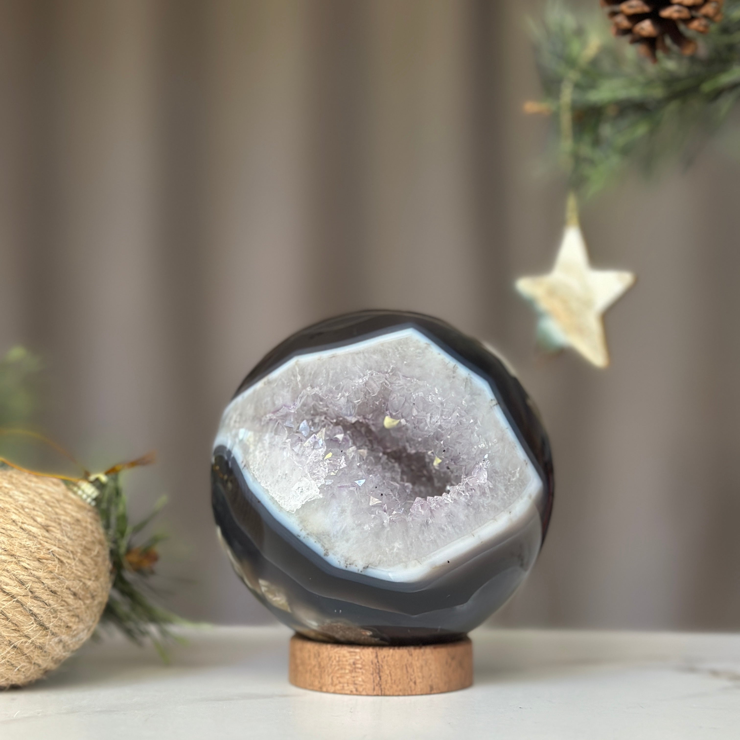 Black Amethyst Geode Sphere from Uruguay, Druzy Crystal Ball, Large Sphere with Agate formations
