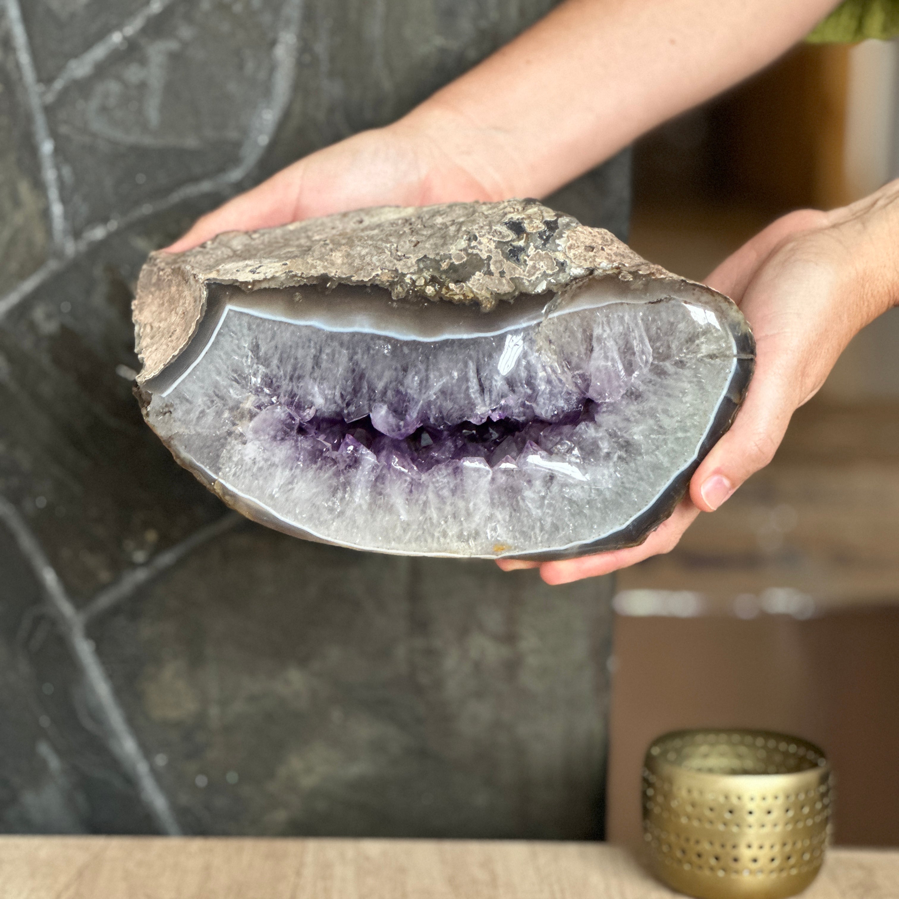 Incredible Amethyst Crystal Bowl, Natural Centerpiece Deep Purple Amethyst, Geode Oval Shaped Cluster, Home Decor Crystal Tabletop