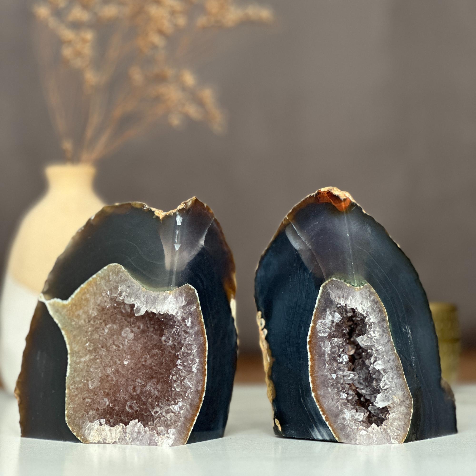 Black agate bookends, One of a kind set of Amethyst and Agate geode crystals