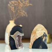 Black agate bookends, One of a kind set of Amethyst and Agate geode crystals