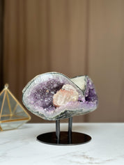 Rare Find Crystal Formations, Amethyst Geode with colorful microcrystals, calcite and quartz, piece with Stand for collectors