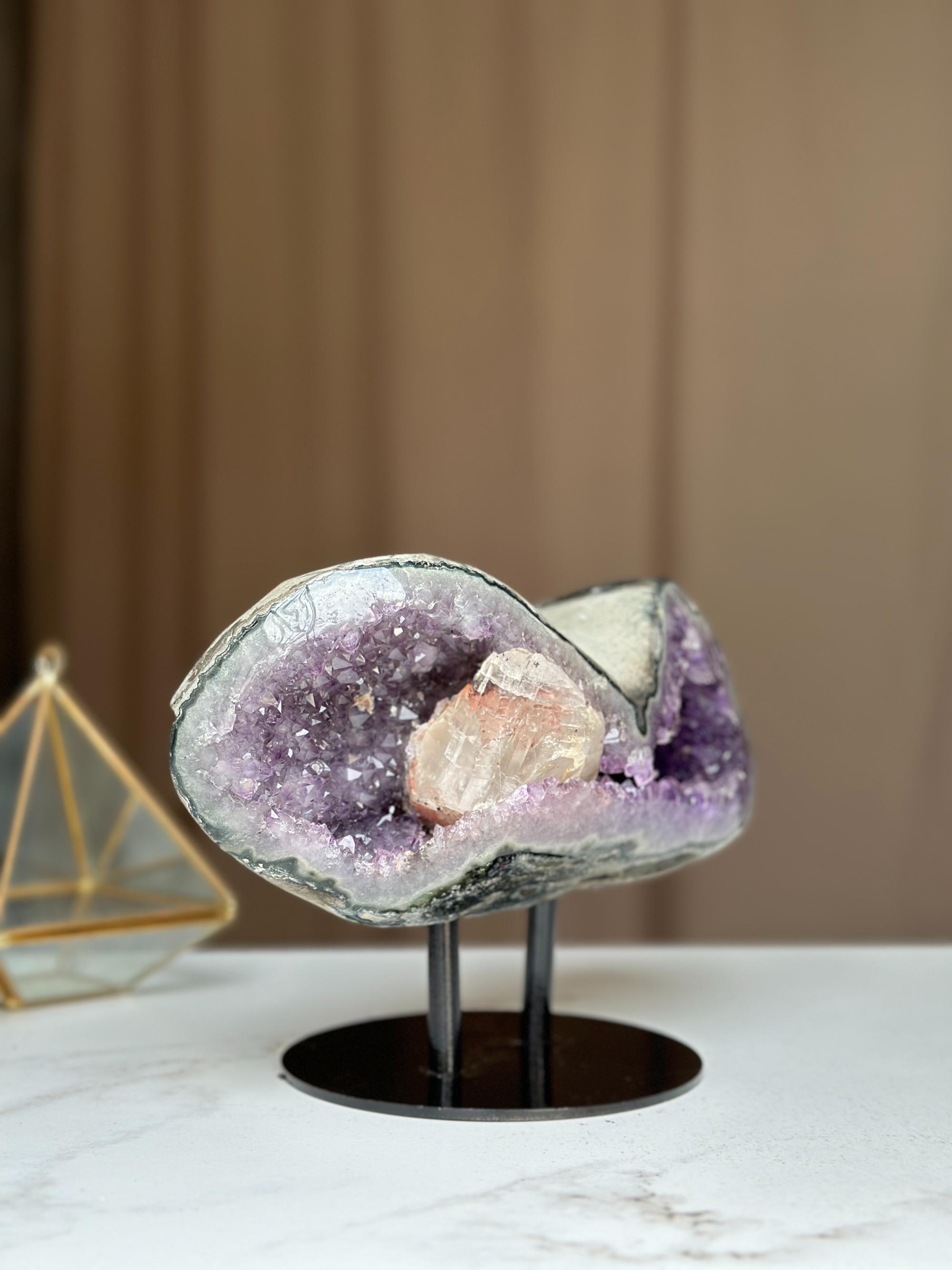 Rare Find Crystal Formations, Amethyst Geode with colorful microcrystals, calcite and quartz, piece with Stand for collectors