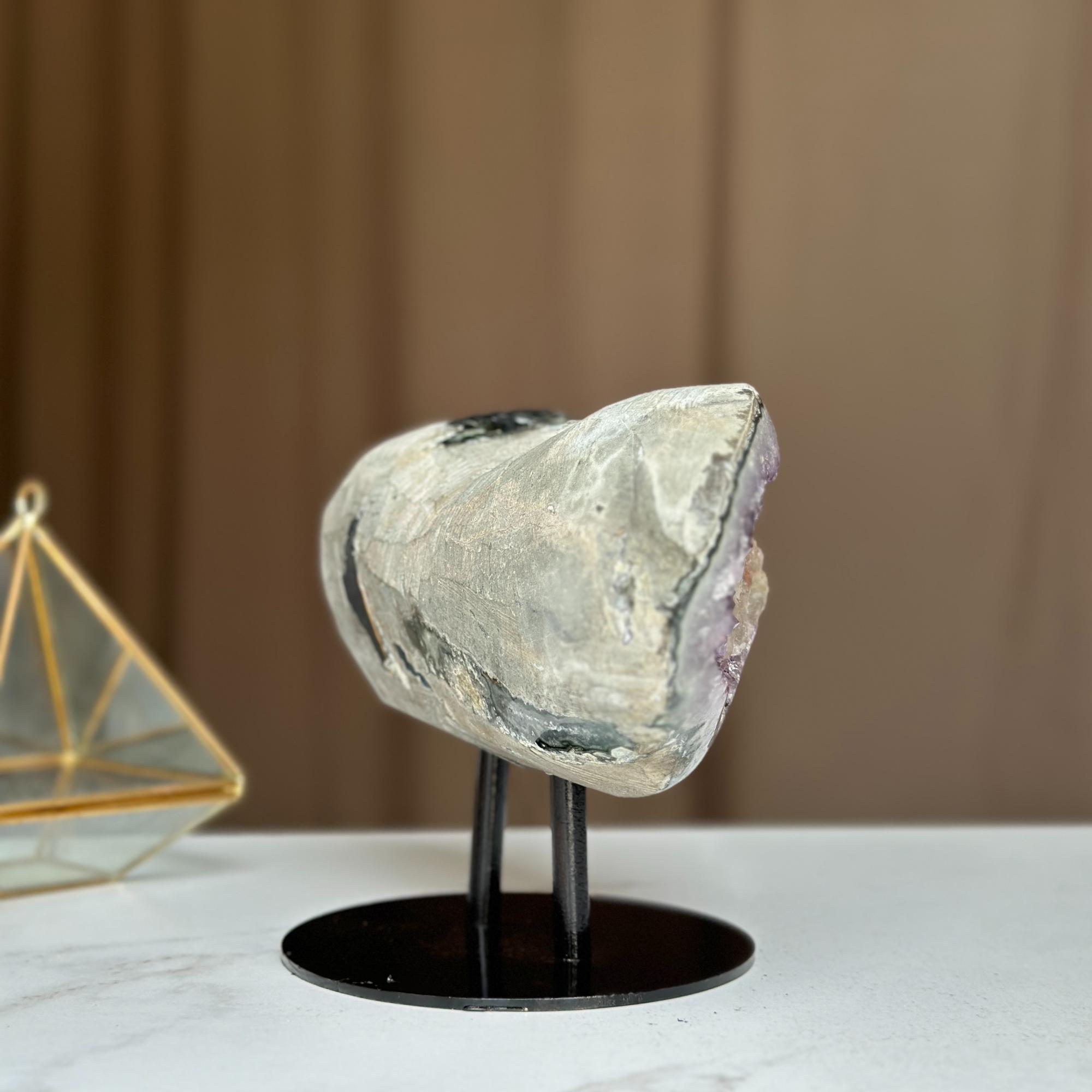 Rare Find Crystal Formations, Amethyst Geode with colorful microcrystals, calcite and quartz, piece with Stand for collectors