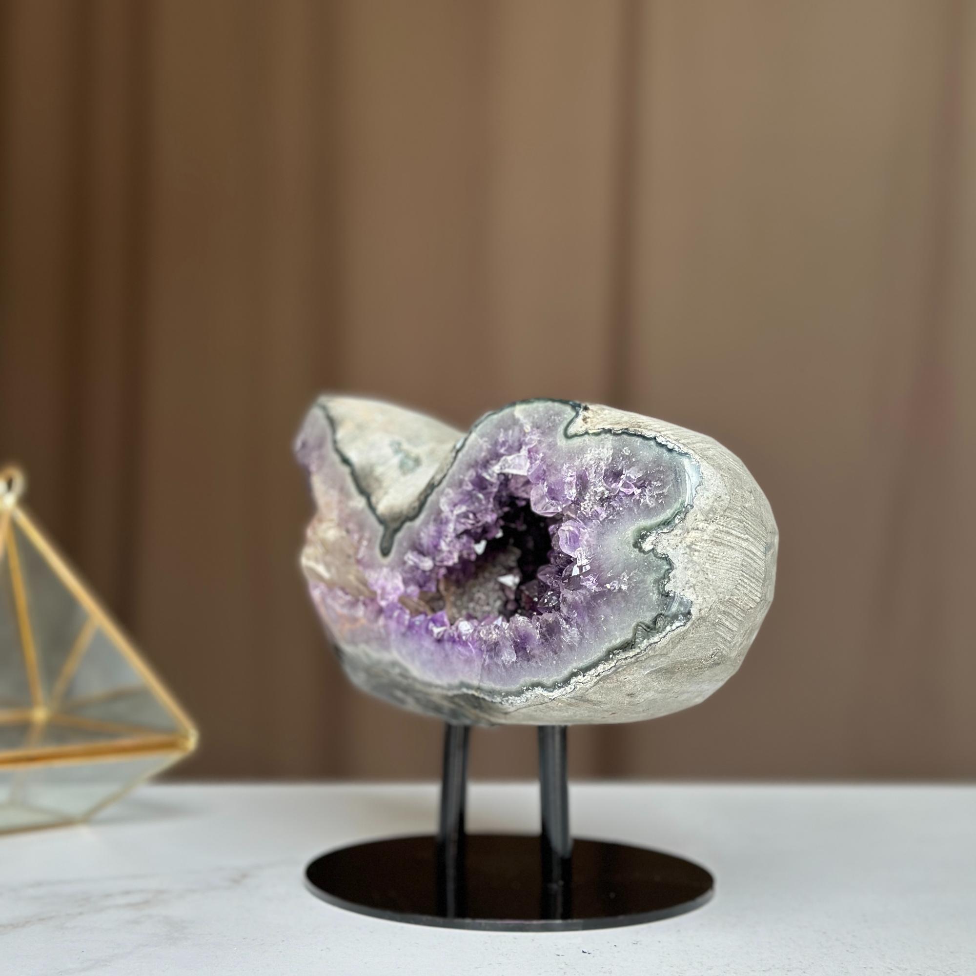 Rare Find Crystal Formations, Amethyst Geode with colorful microcrystals, calcite and quartz, piece with Stand for collectors