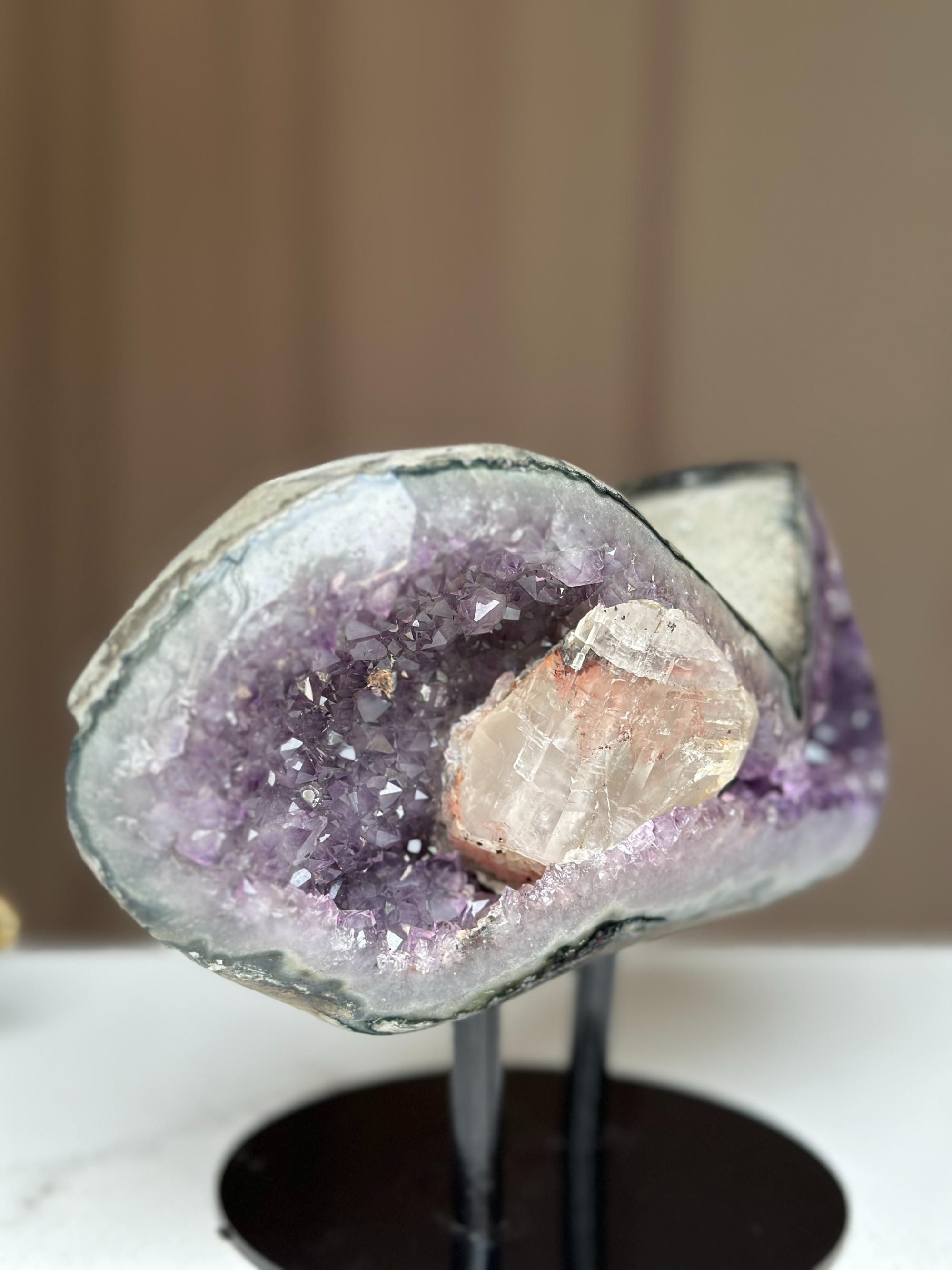 Rare Find Crystal Formations, Amethyst Geode with colorful microcrystals, calcite and quartz, piece with Stand for collectors