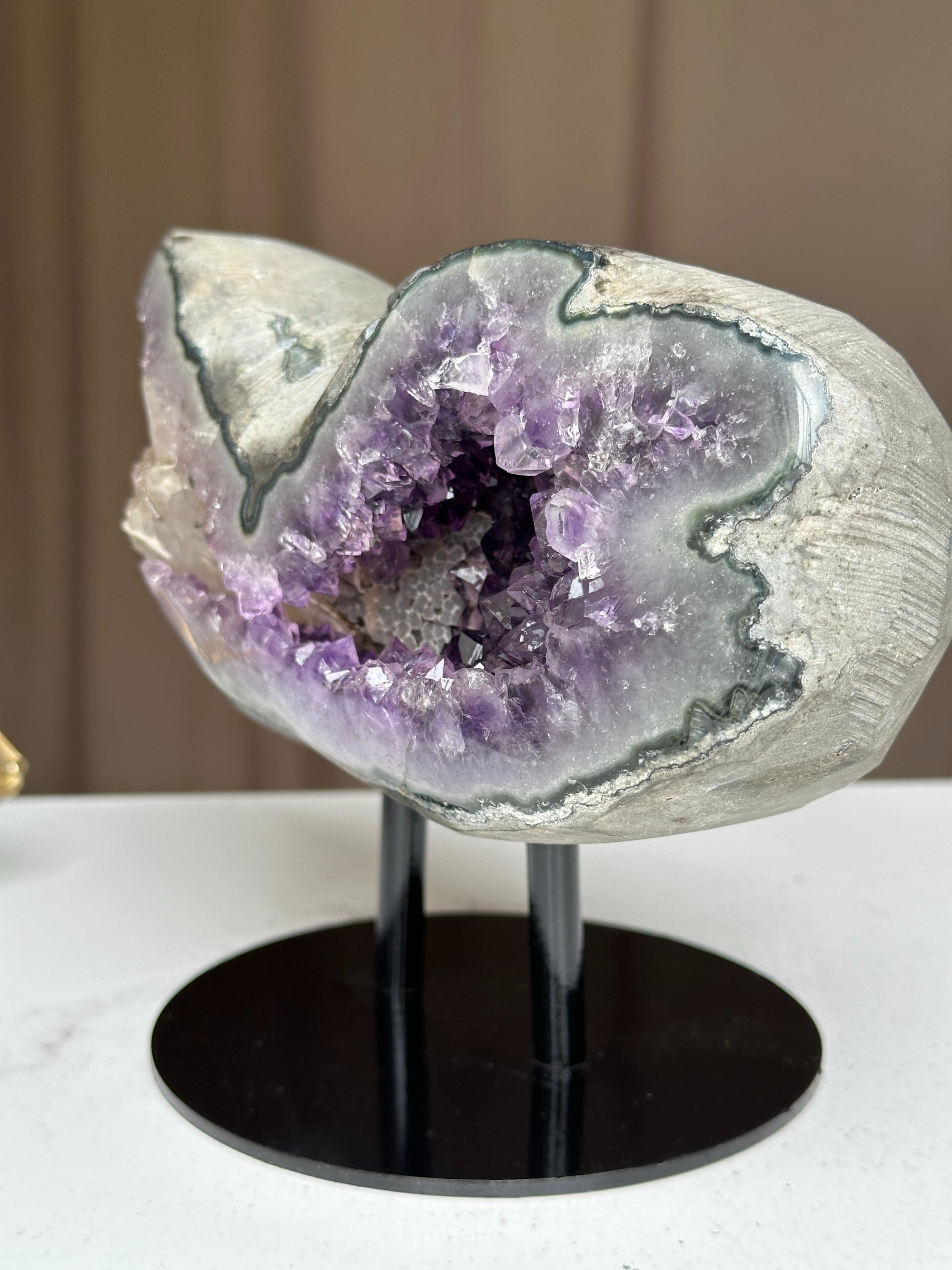 Rare Find Crystal Formations, Amethyst Geode with colorful microcrystals, calcite and quartz, piece with Stand for collectors