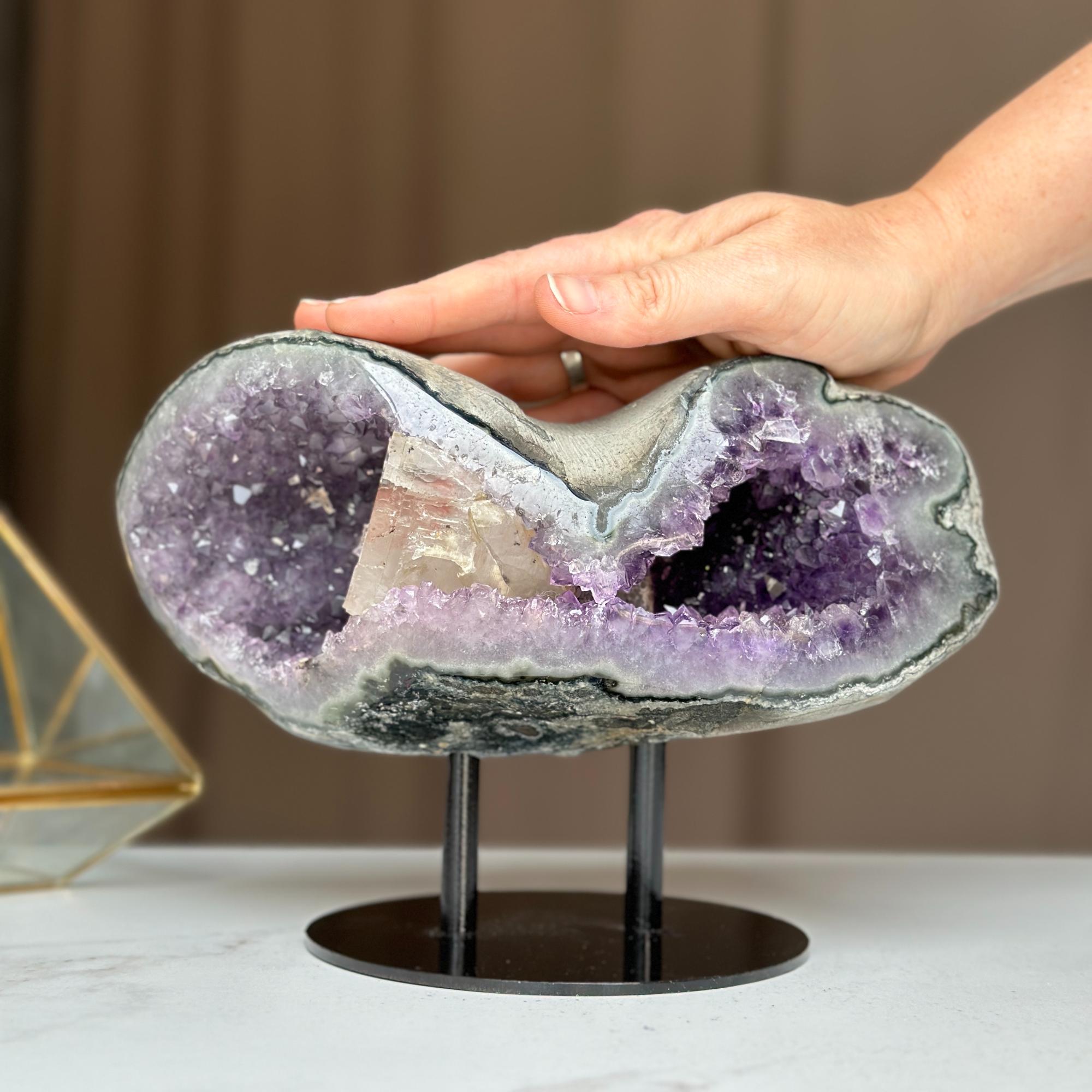 Rare Find Crystal Formations, Amethyst Geode with colorful microcrystals, calcite and quartz, piece with Stand for collectors