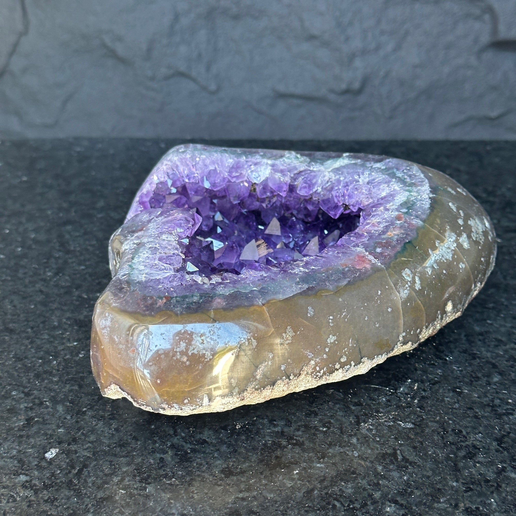 Amethsyt centerpiece, Unique shaped geode for tabletop decor, natural crystal stone with agate formations