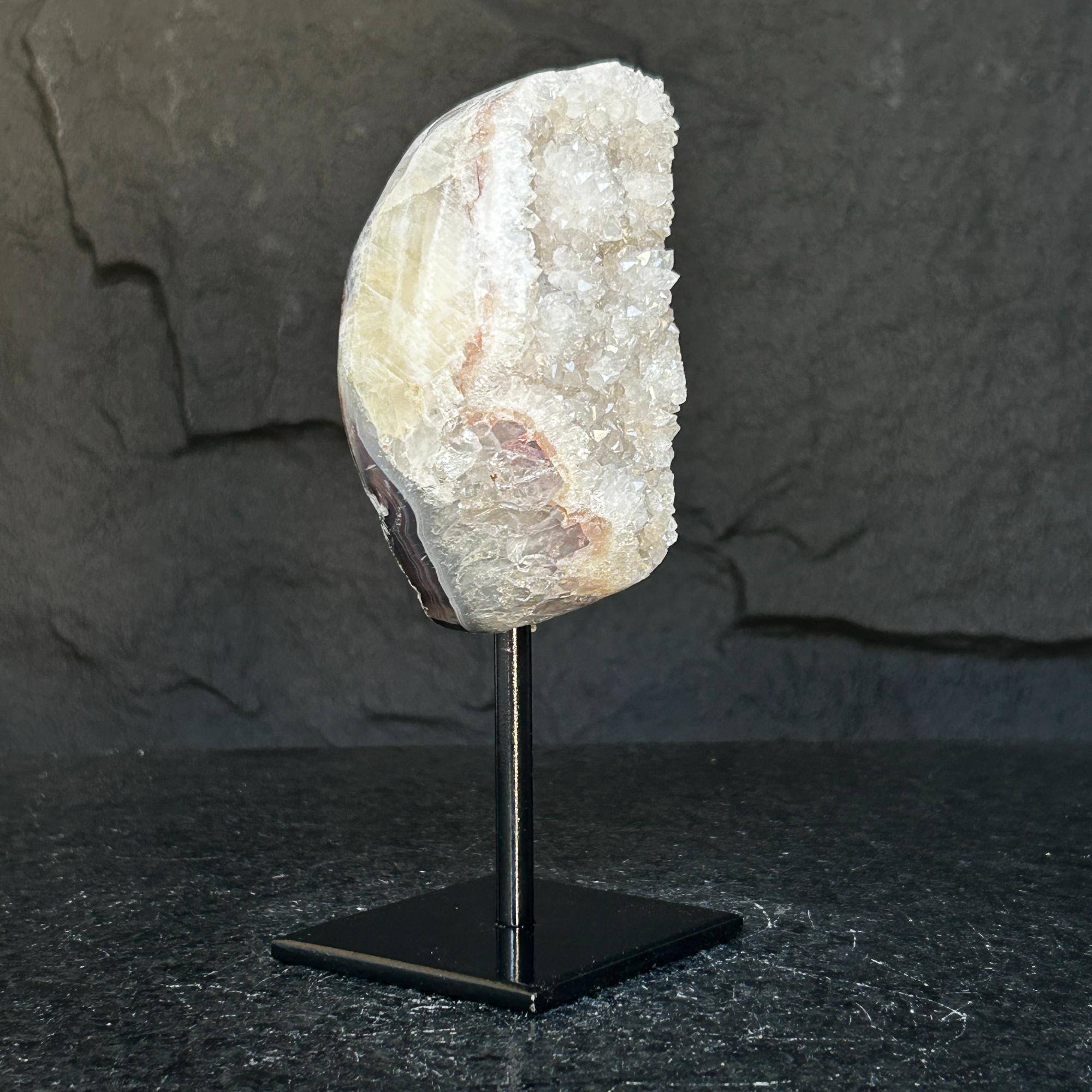 White quartz on stand, Geode with metallic base included for home decoration