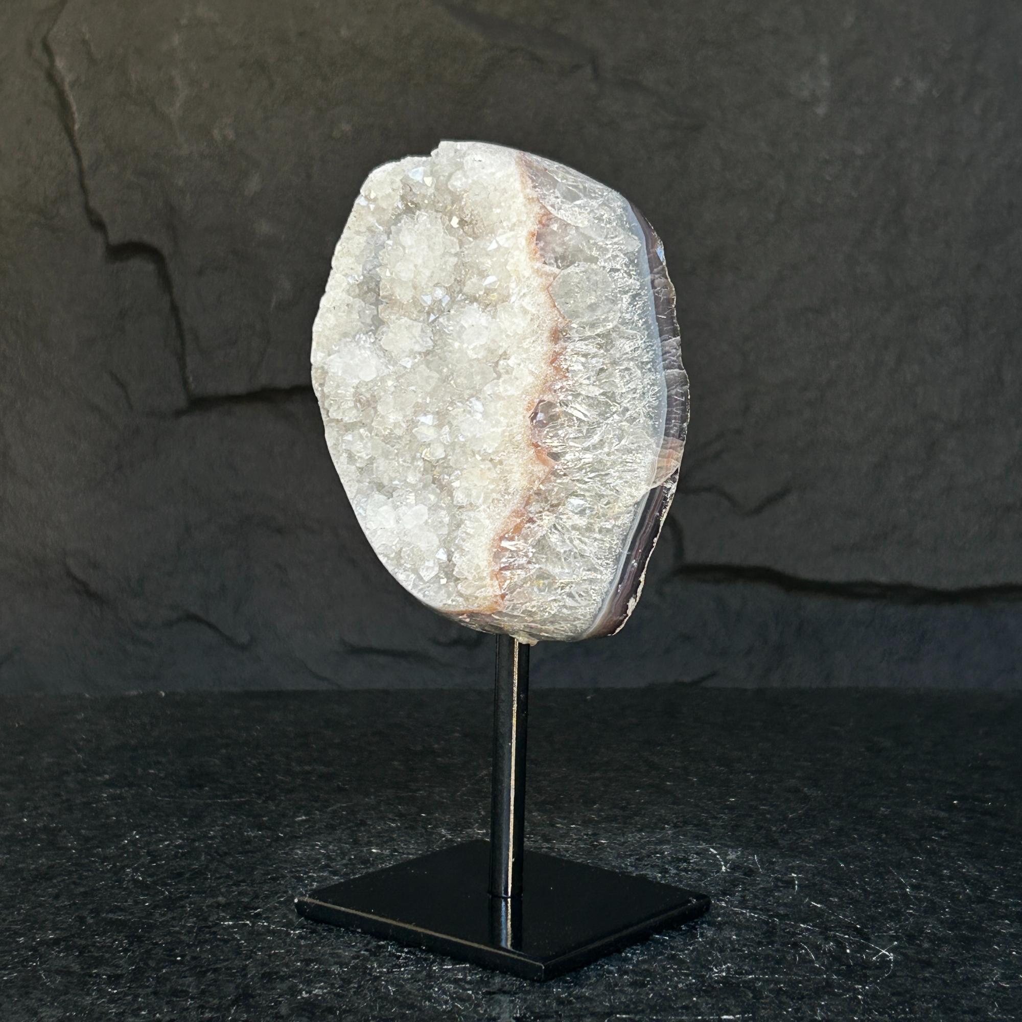 White quartz on stand, Geode with metallic base included for home decoration