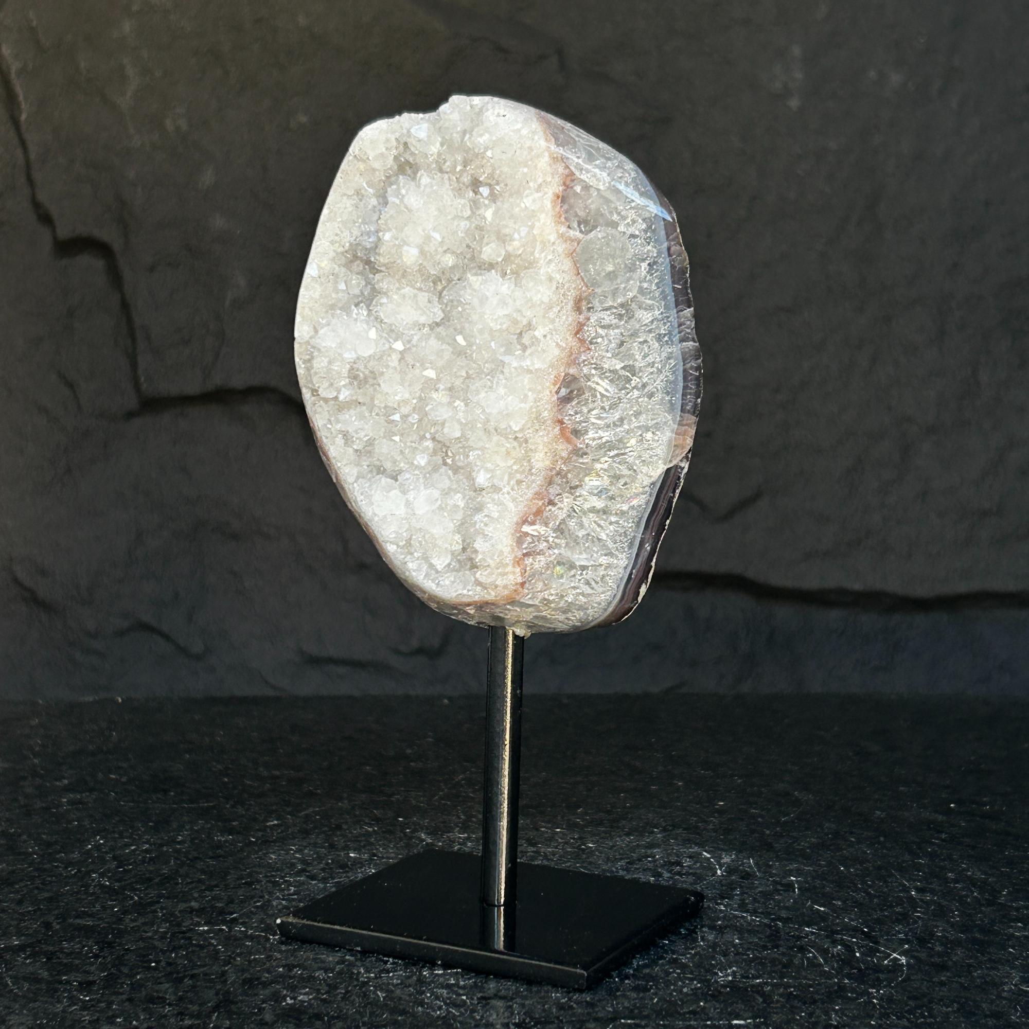 White quartz on stand, Geode with metallic base included for home decoration