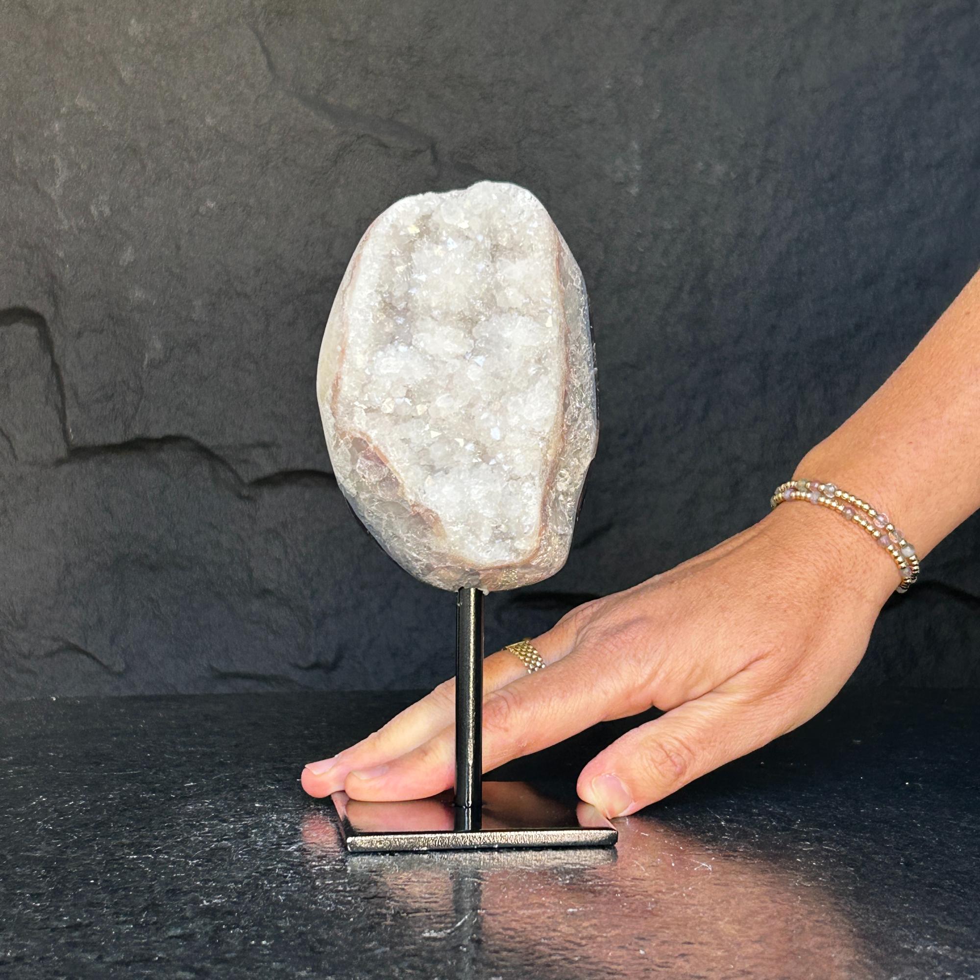 White quartz on stand, Geode with metallic base included for home decoration