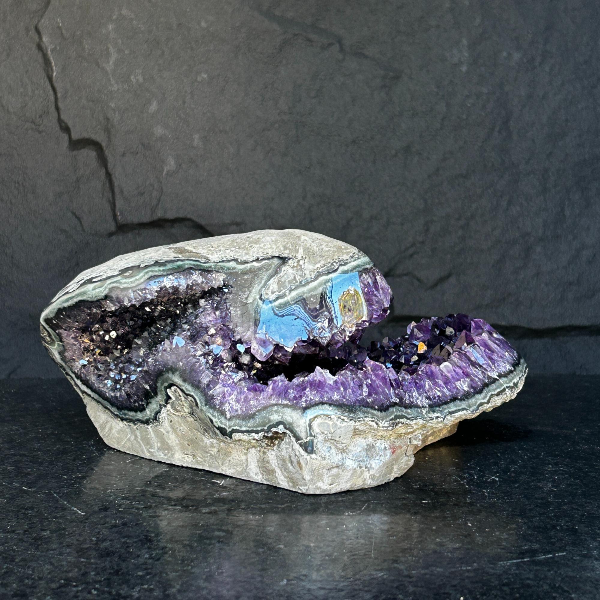 Amethyst with Shiny Crystals, Rare Geode in a strange shape with colorful agate layers, Unique find for collectors
