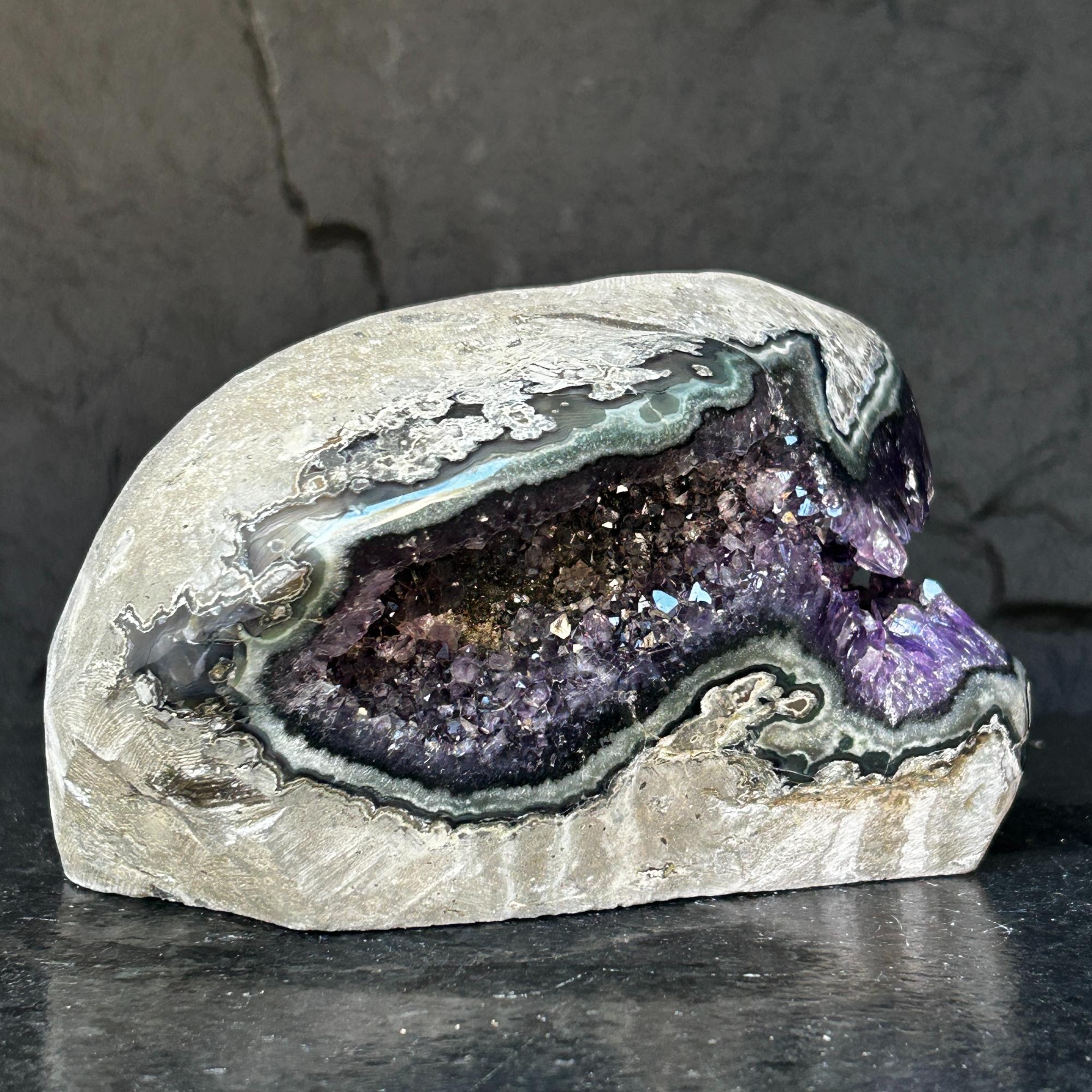 Amethyst with Shiny Crystals, Rare Geode in a strange shape with colorful agate layers, Unique find for collectors