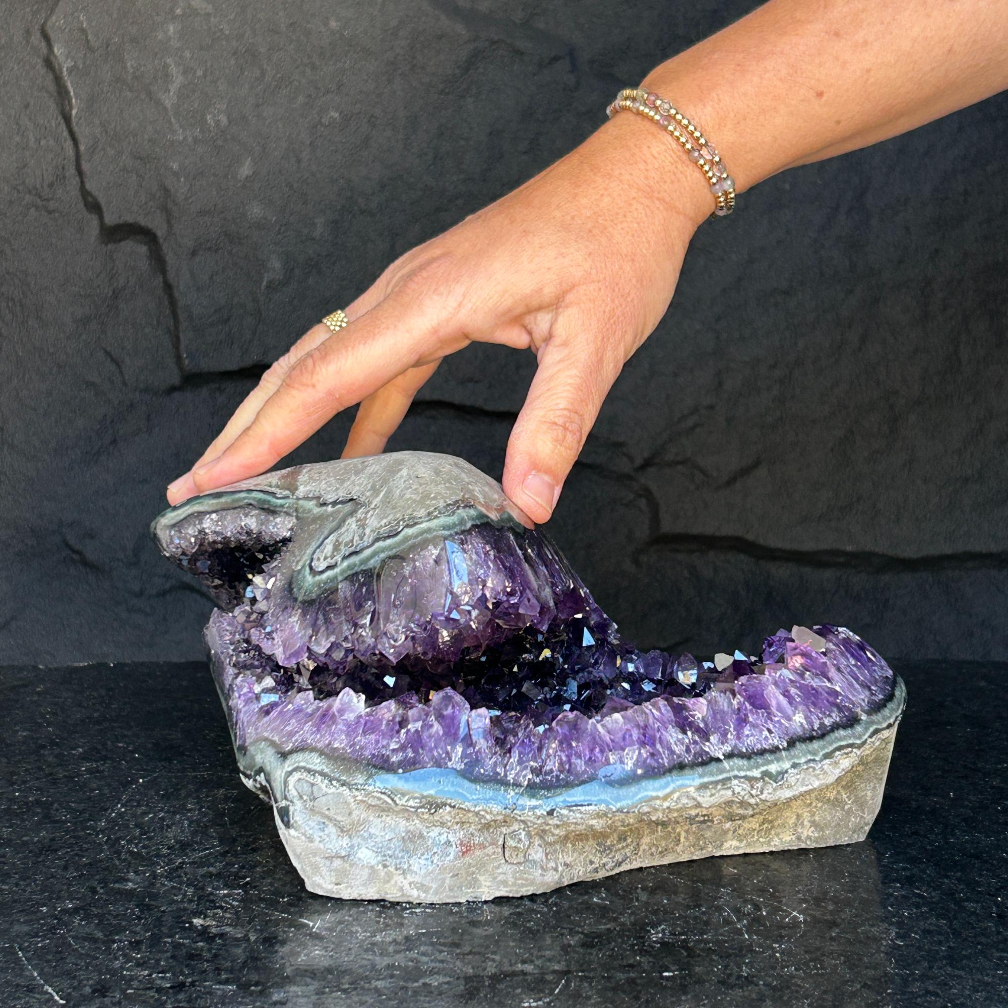 Amethyst with Shiny Crystals, Rare Geode in a strange shape with colorful agate layers, Unique find for collectors