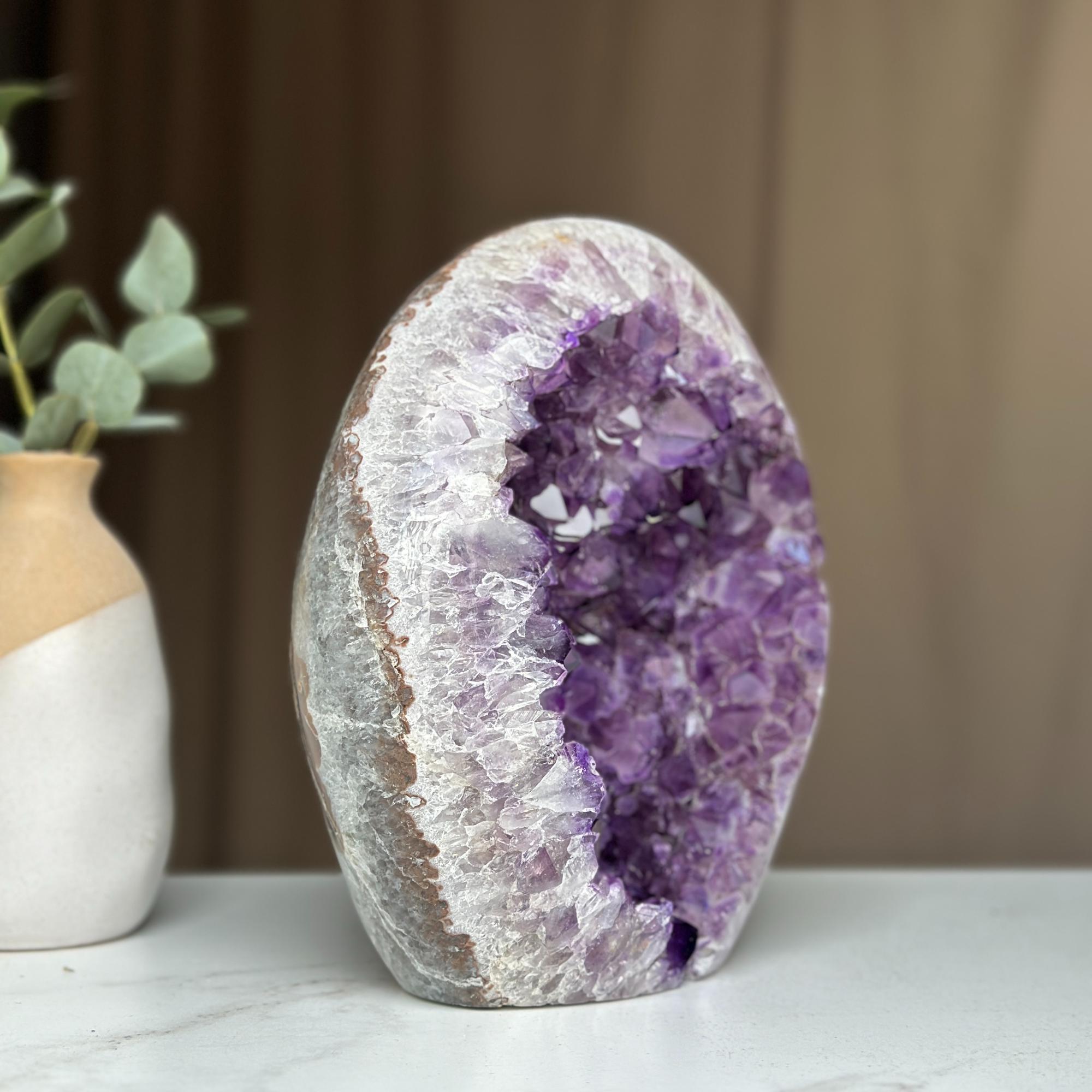 Amethyst Geode Crystal Egg with incredible Agate formations, Natural cave shaped polished agate stone