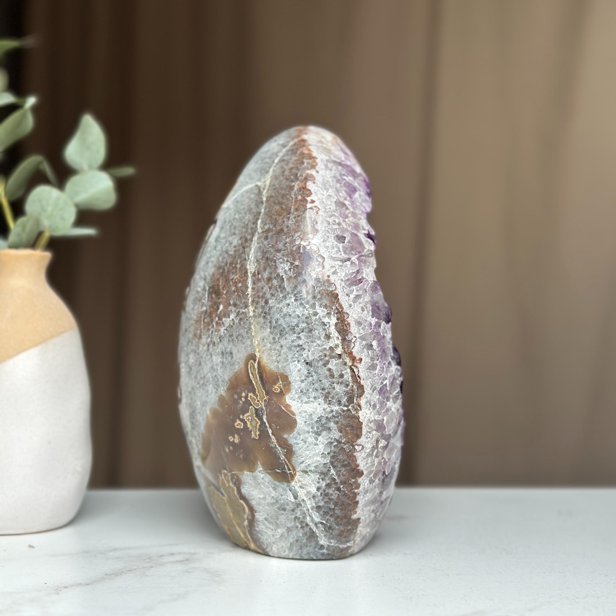 Amethyst Geode Crystal Egg with incredible Agate formations, Natural cave shaped polished agate stone