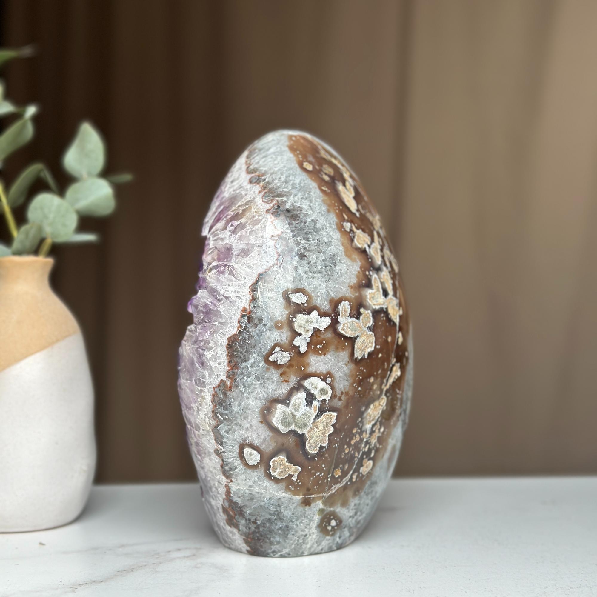 Amethyst Geode Crystal Egg with incredible Agate formations, Natural cave shaped polished agate stone