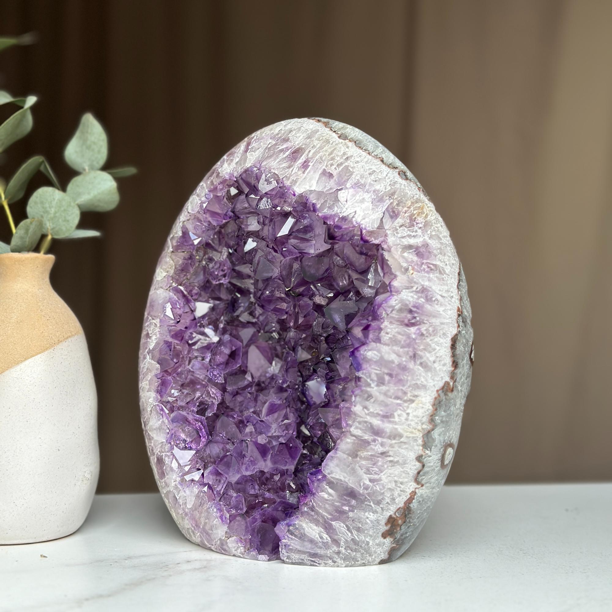 Amethyst Geode Crystal Egg with incredible Agate formations, Natural cave shaped polished agate stone