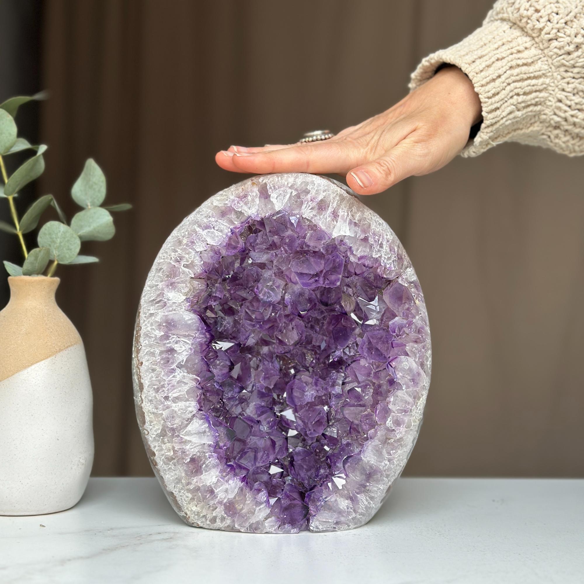 Amethyst Geode Crystal Egg with incredible Agate formations, Natural cave shaped polished agate stone