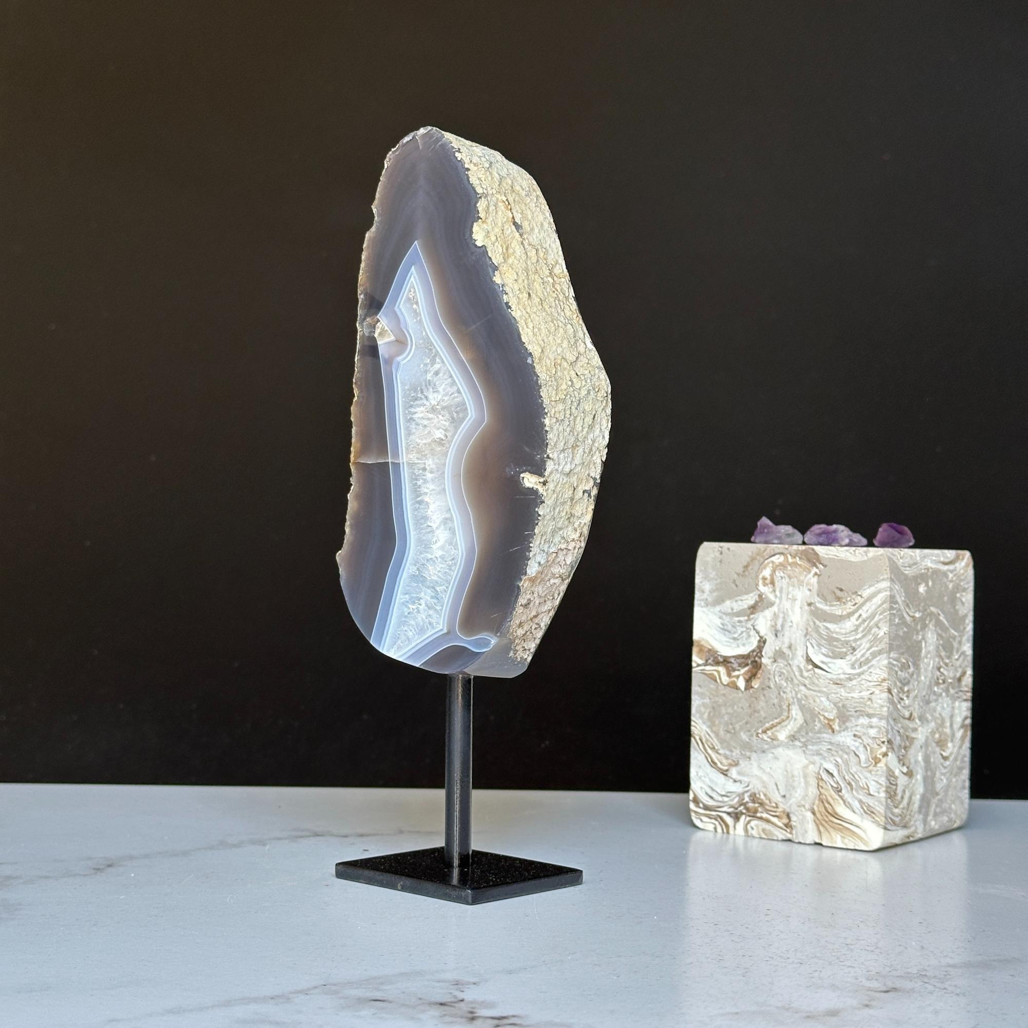 Natural Black Agate Display with Metal Base