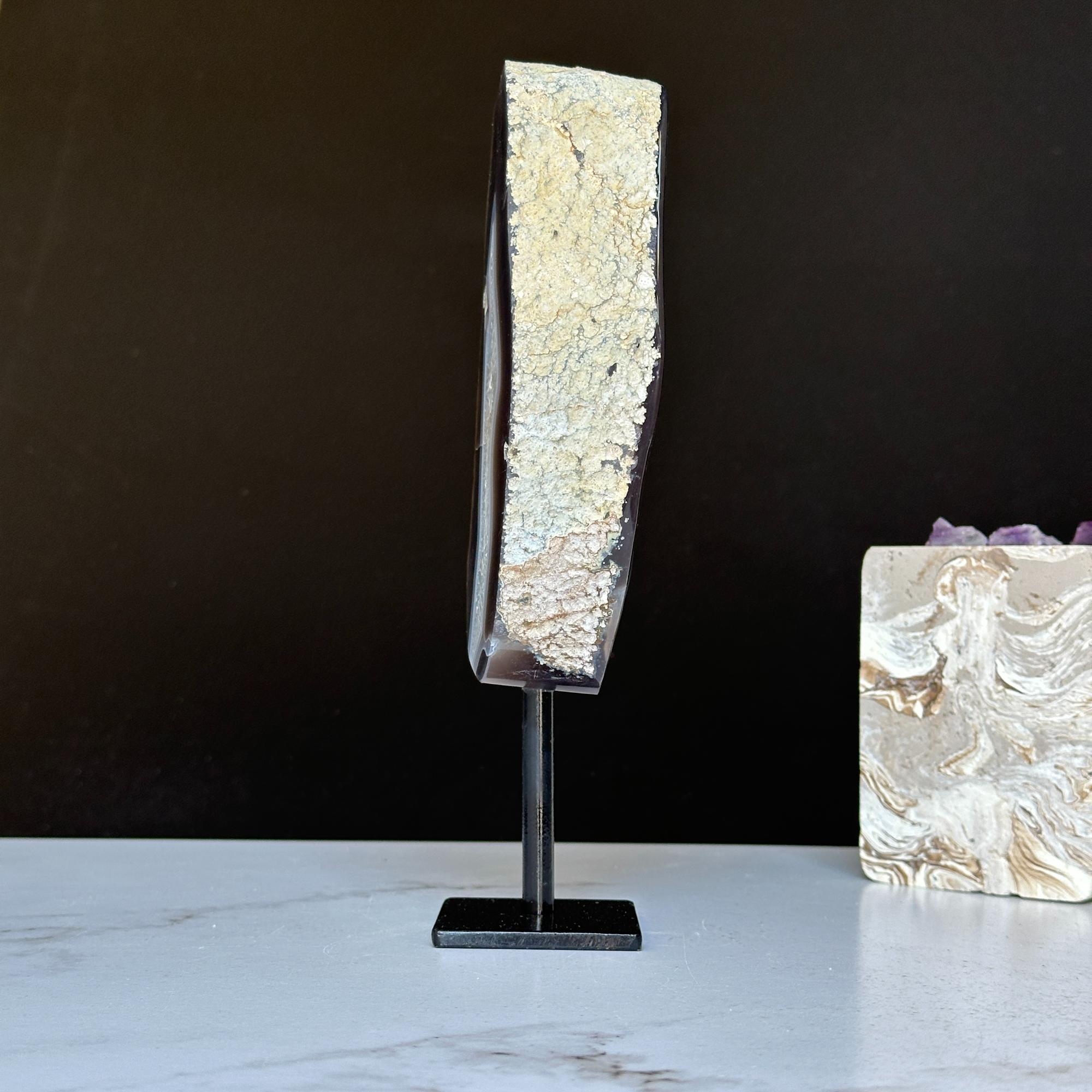 Natural Black Agate Display with Metal Base