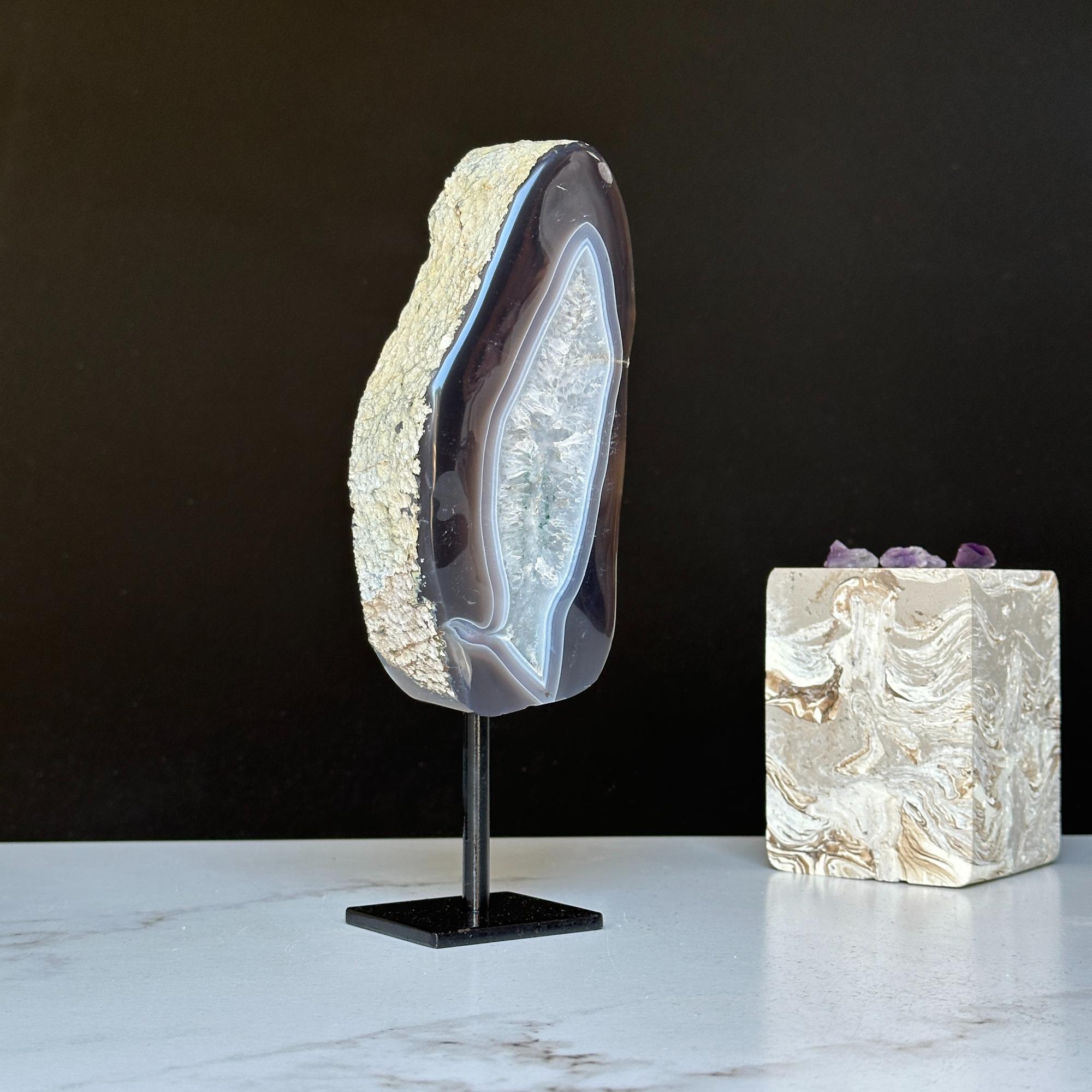 Natural Black Agate Display with Metal Base
