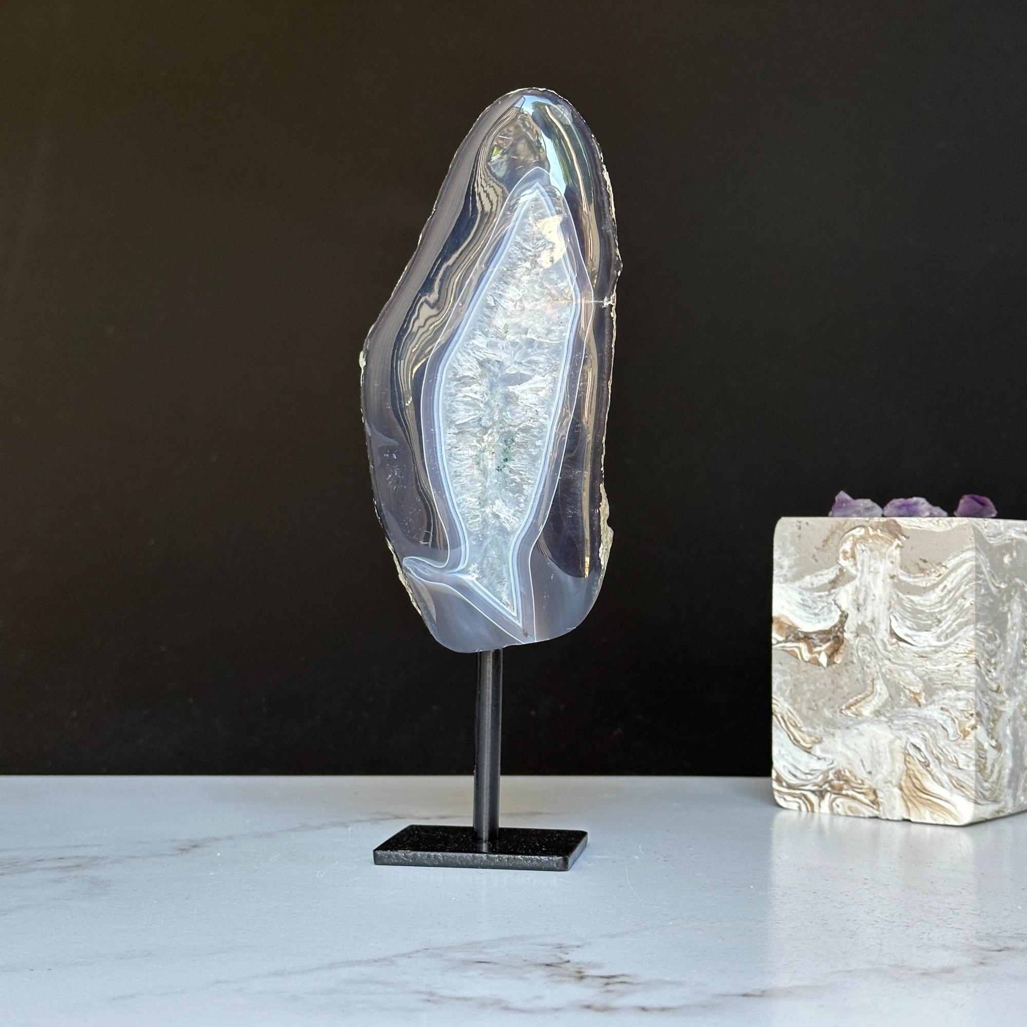 Natural Black Agate Display with Metal Base