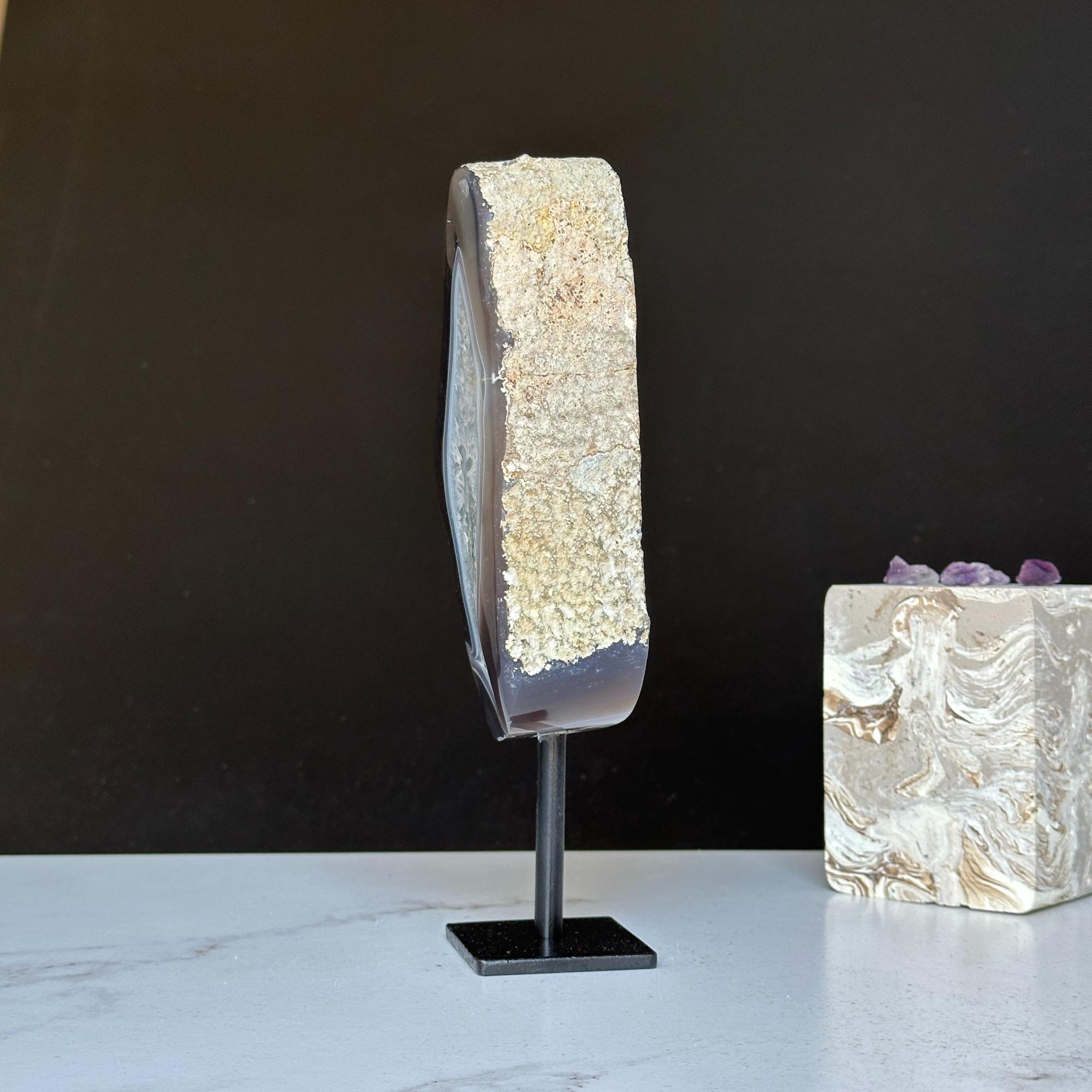 Natural Black Agate Display with Metal Base