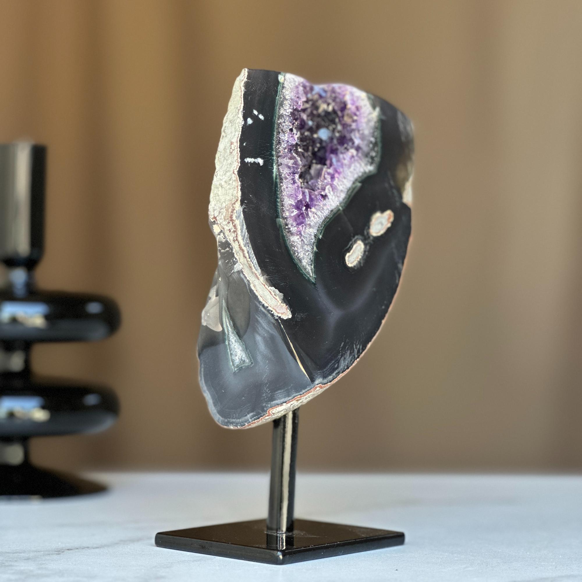 Amethyst with Black Agate formation and Metal Base, Druzy Crystal 100% natural