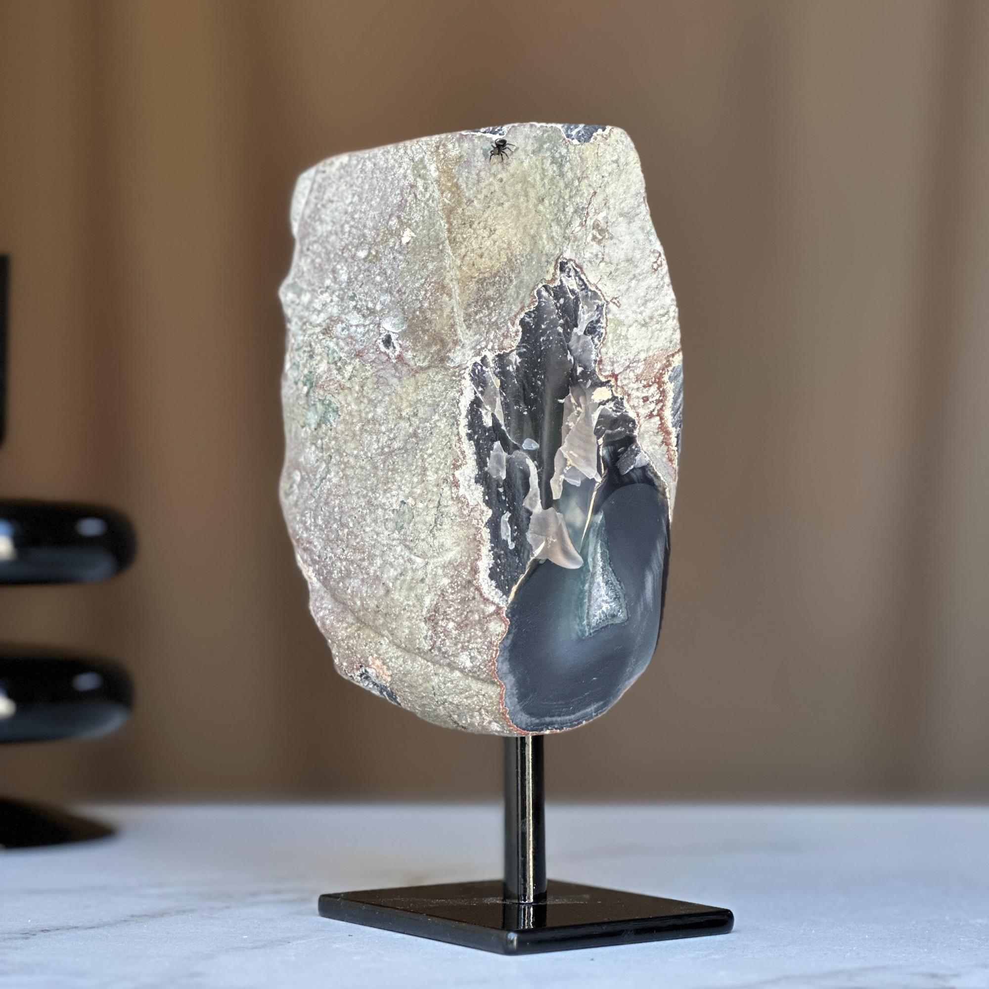 Amethyst with Black Agate formation and Metal Base, Druzy Crystal 100% natural