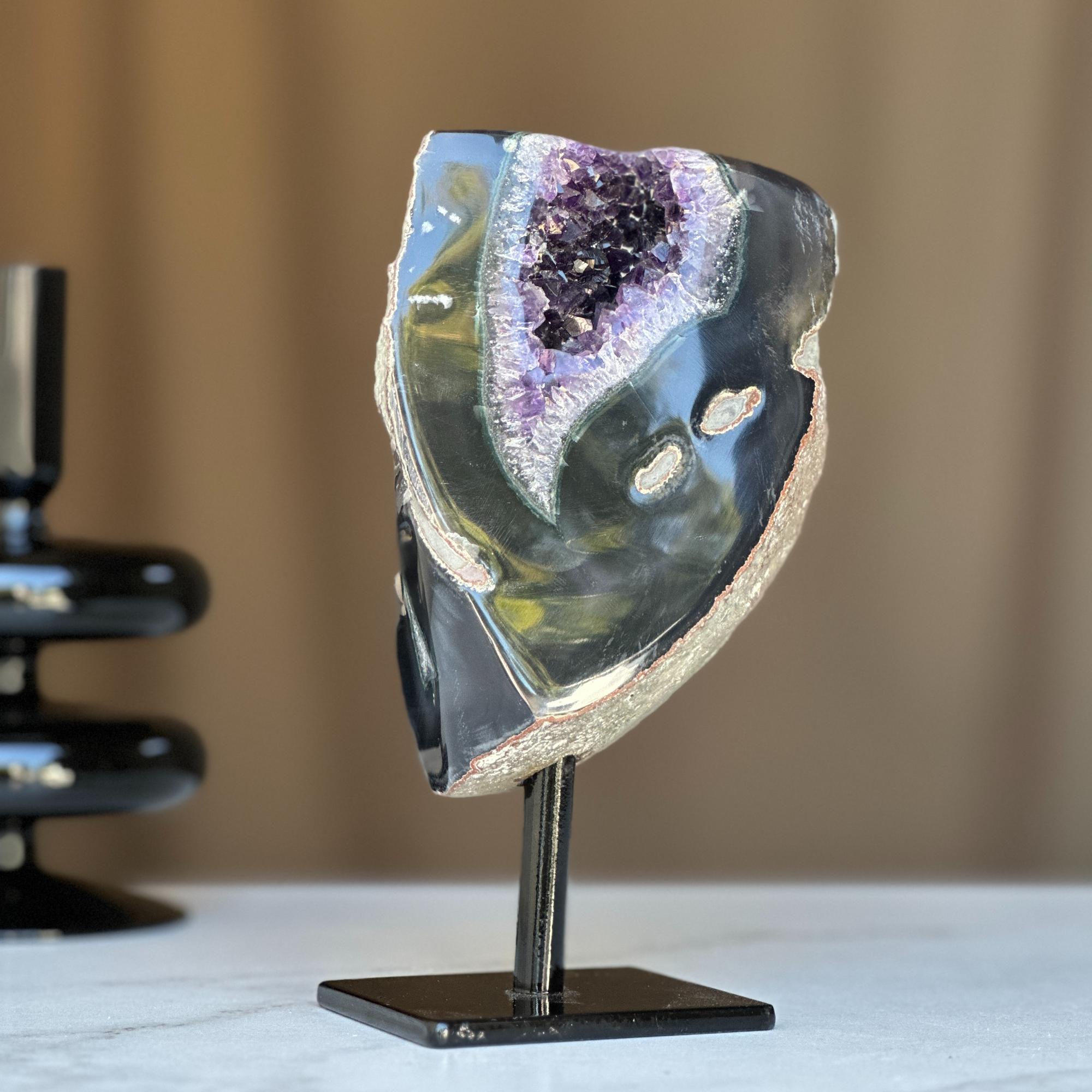 Amethyst with Black Agate formation and Metal Base, Druzy Crystal 100% natural