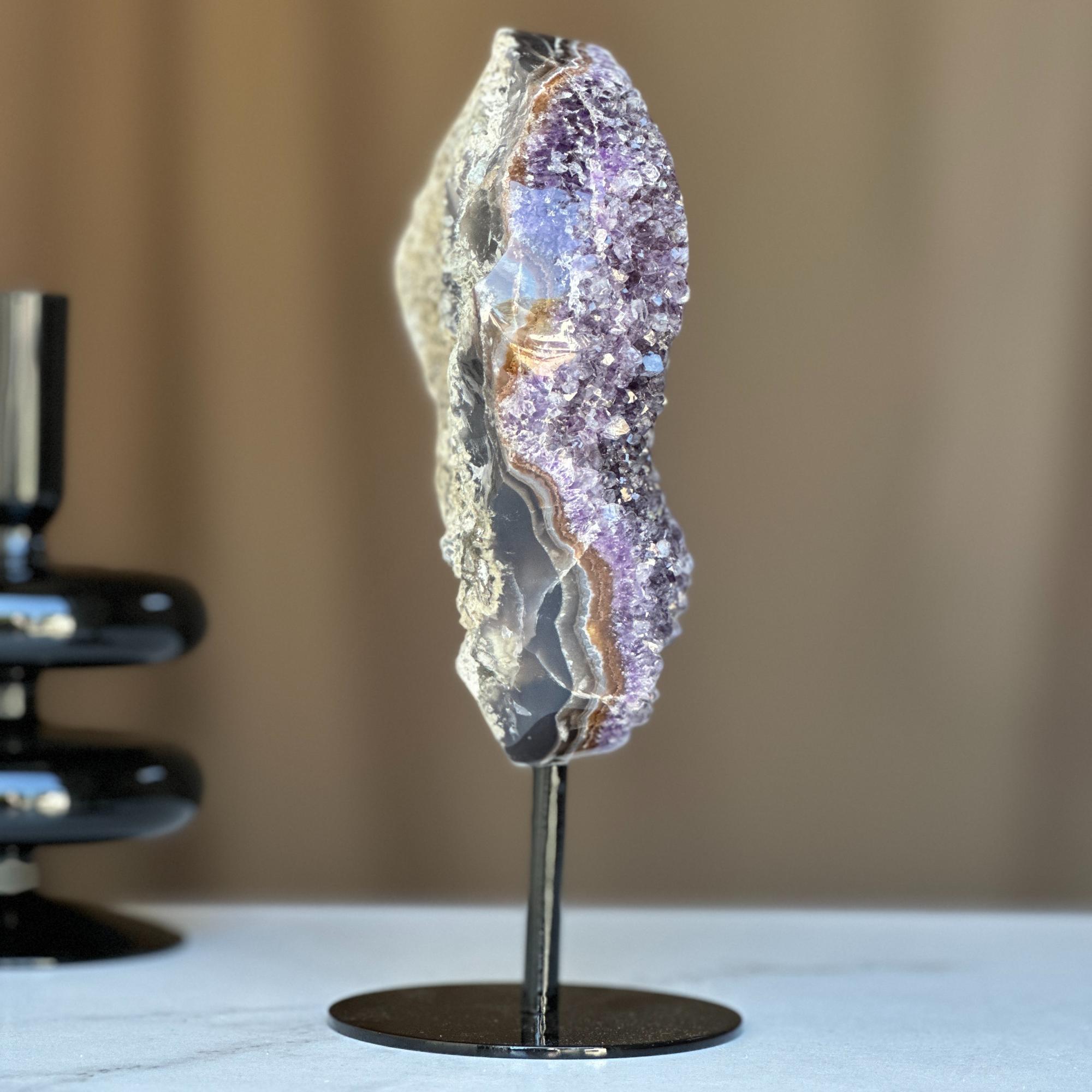 Amethyst with Black Agate formation and Metal Base, Druzy Crystal 100% natural