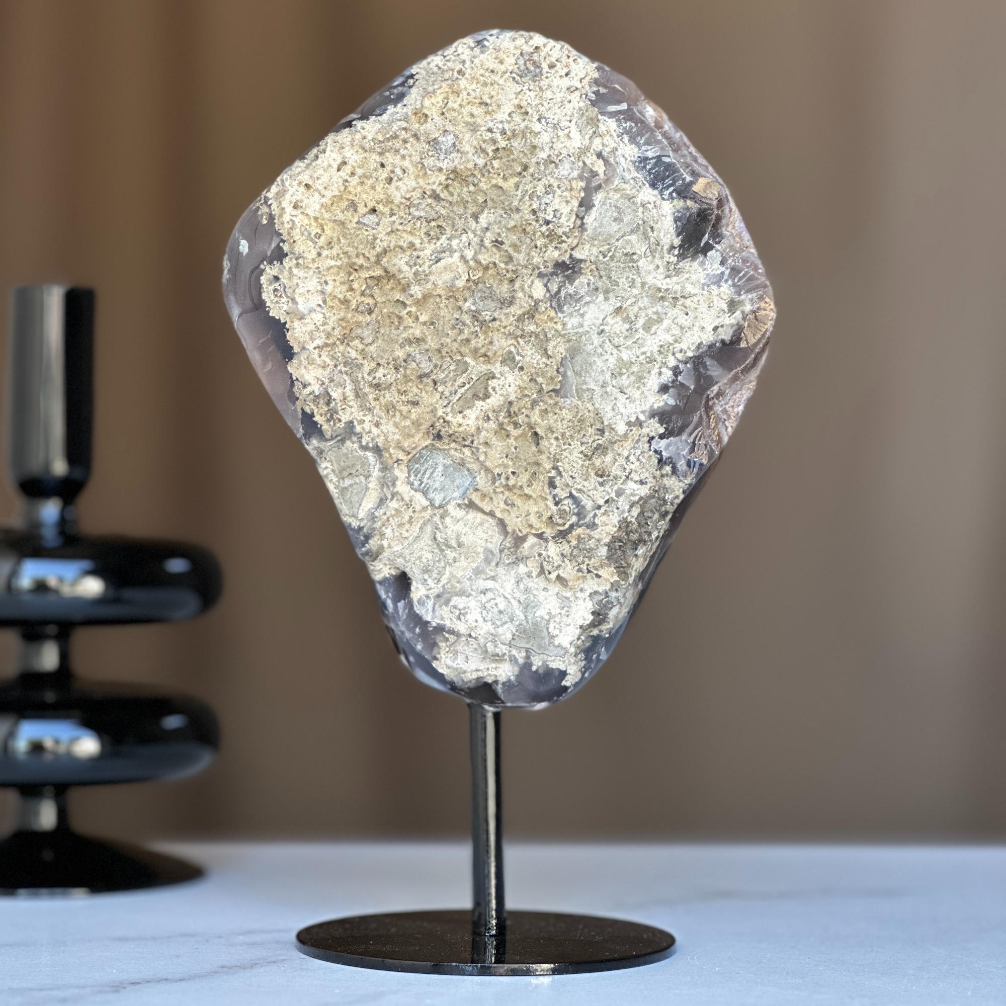 Amethyst with Black Agate formation and Metal Base, Druzy Crystal 100% natural