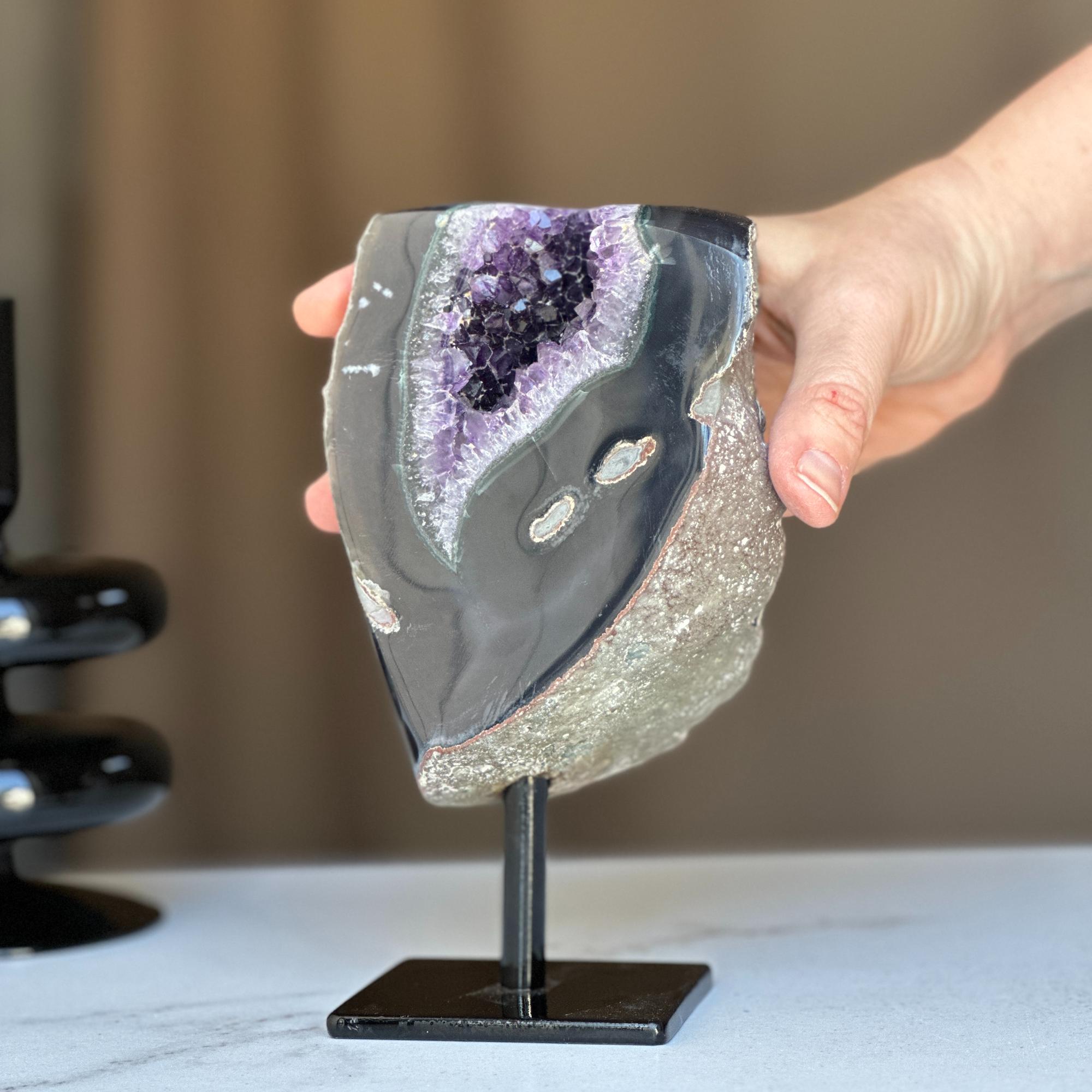 Amethyst with Black Agate formation and Metal Base, Druzy Crystal 100% natural