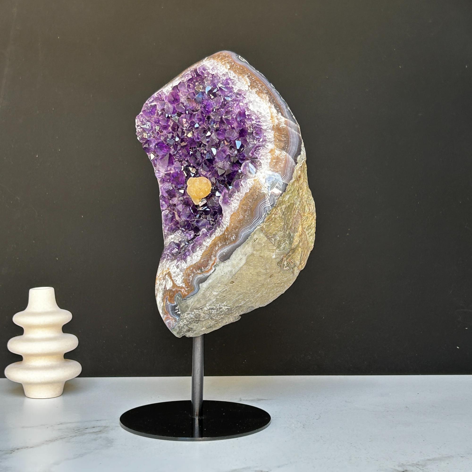 Amethyst with Shiny Crystals, Rare Geode in a strange shape with colorful agate layers, Unique find for collectors