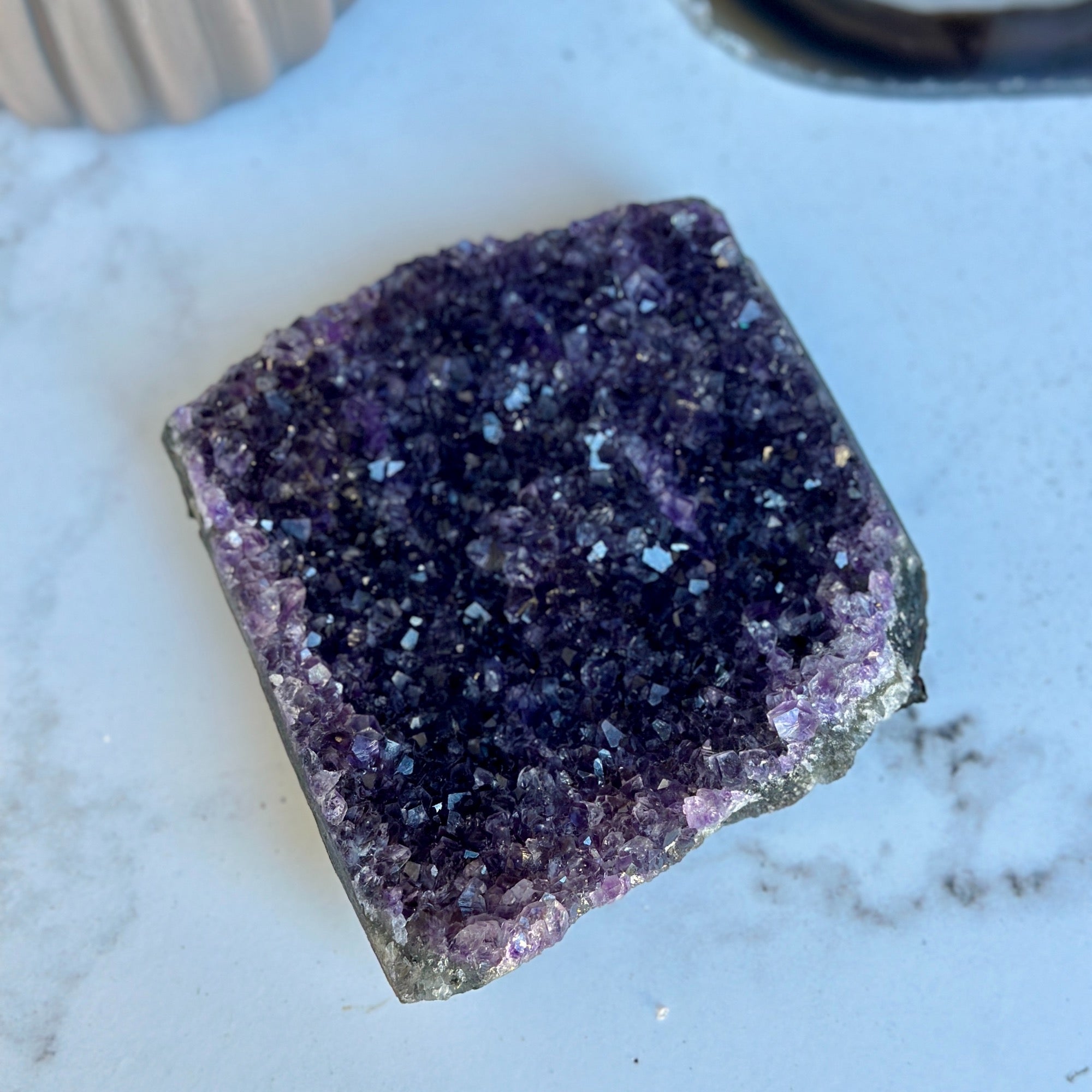 Flat amethyst raw purple crystal cluster