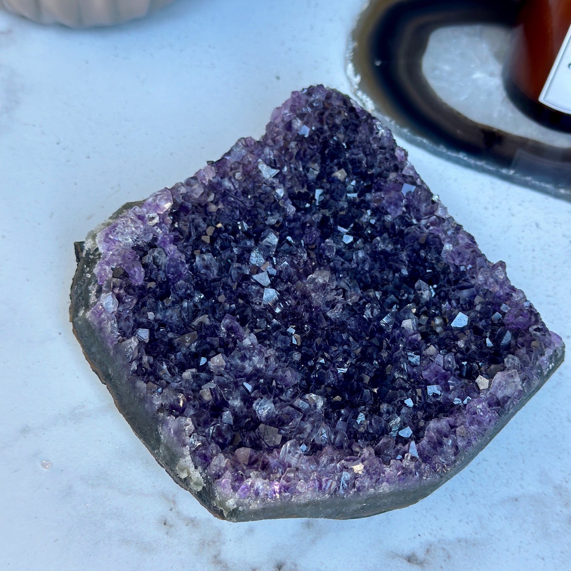 Flat amethyst raw purple crystal cluster