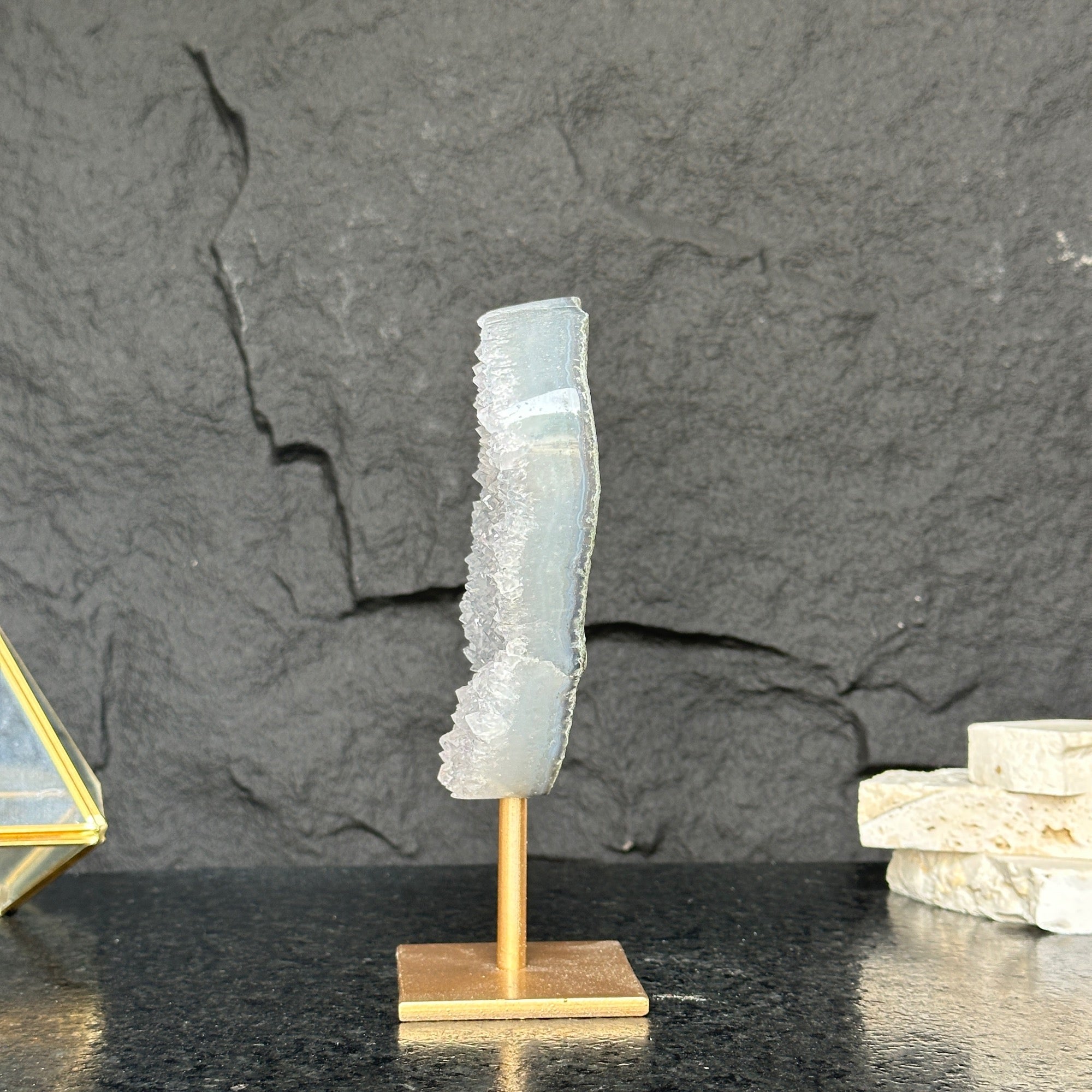 White quartz on stand, Geode with metallic base included for home decoration
