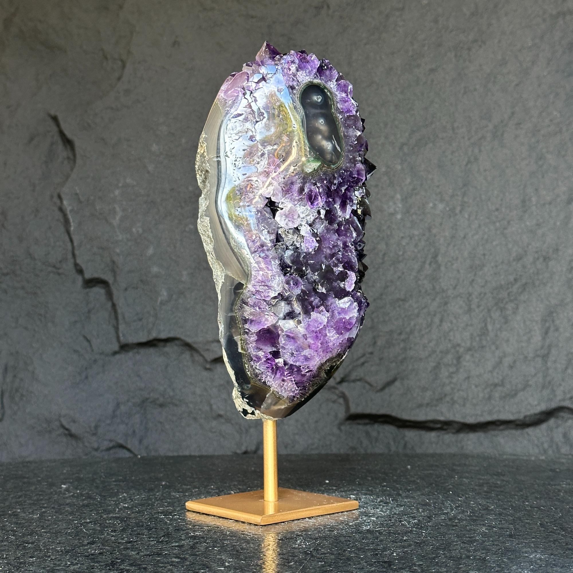 Deep Purple Natural Amethyst Geode with Gold Metal Display Stand
