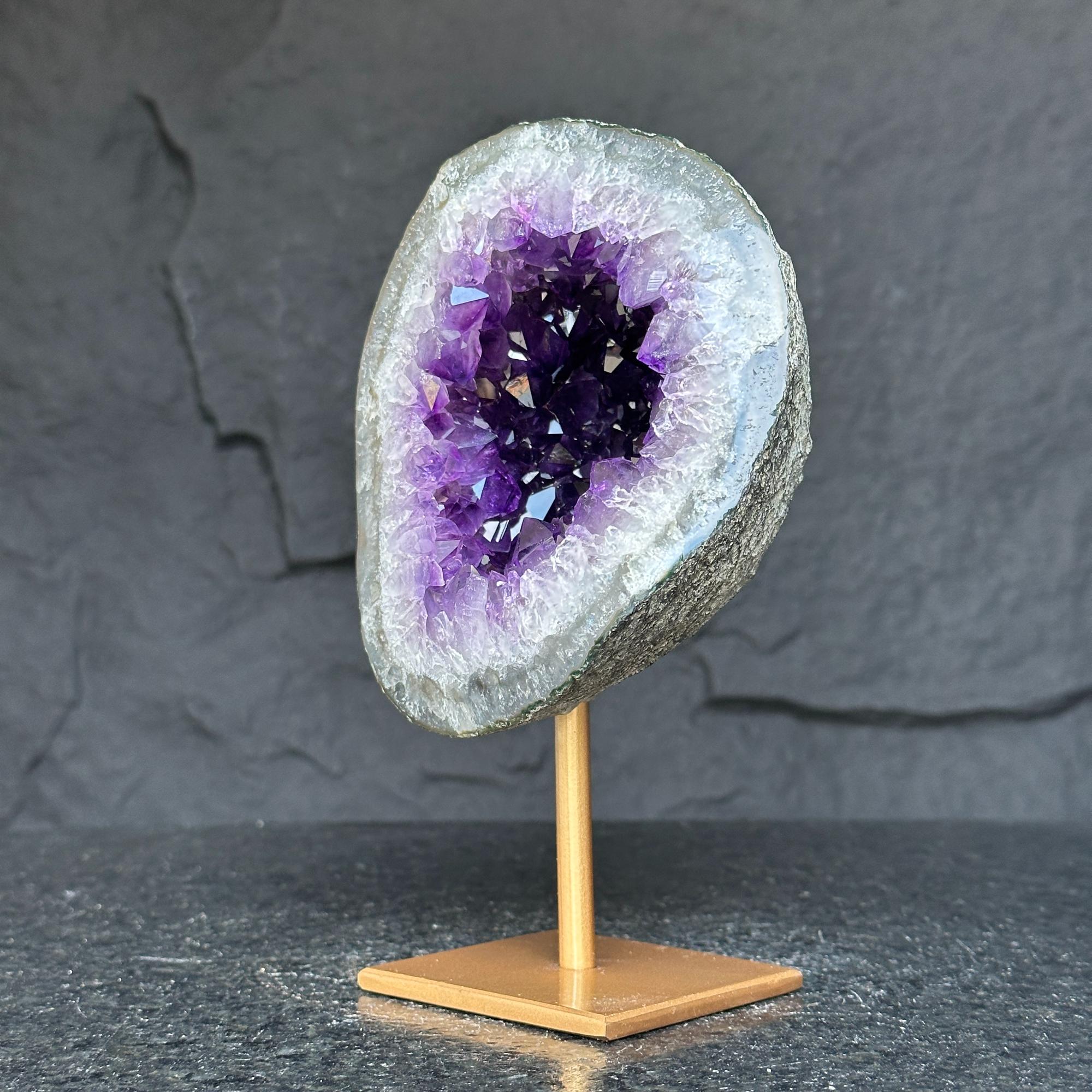 Natural Amethyst Geode, Deep Purple Crystal on Gold Metal Stand