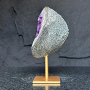 Natural Amethyst Geode, Deep Purple Crystal on Gold Metal Stand
