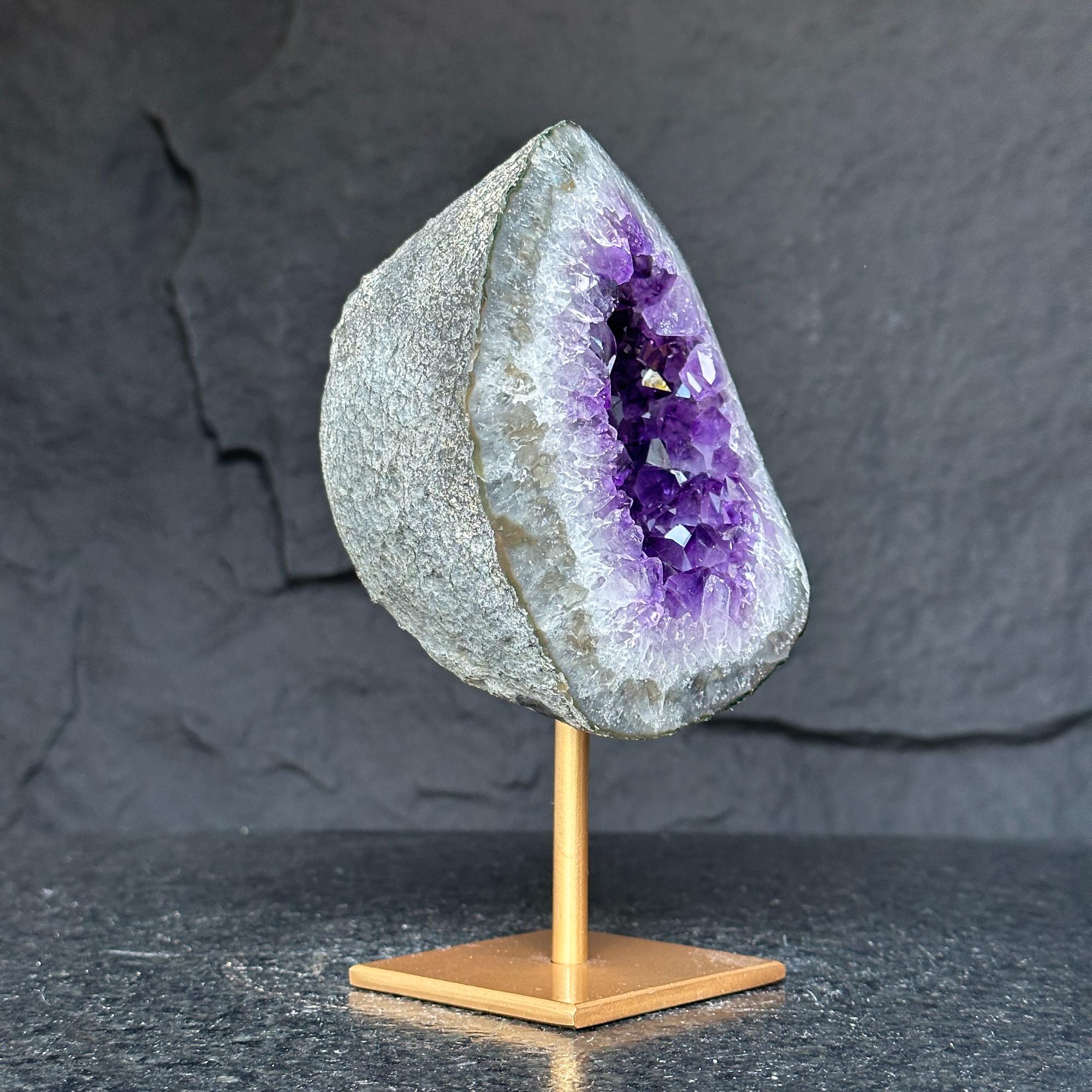 Natural Amethyst Geode, Deep Purple Crystal on Gold Metal Stand