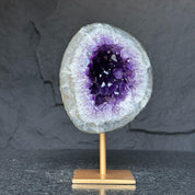 Natural Amethyst Geode, Deep Purple Crystal on Gold Metal Stand