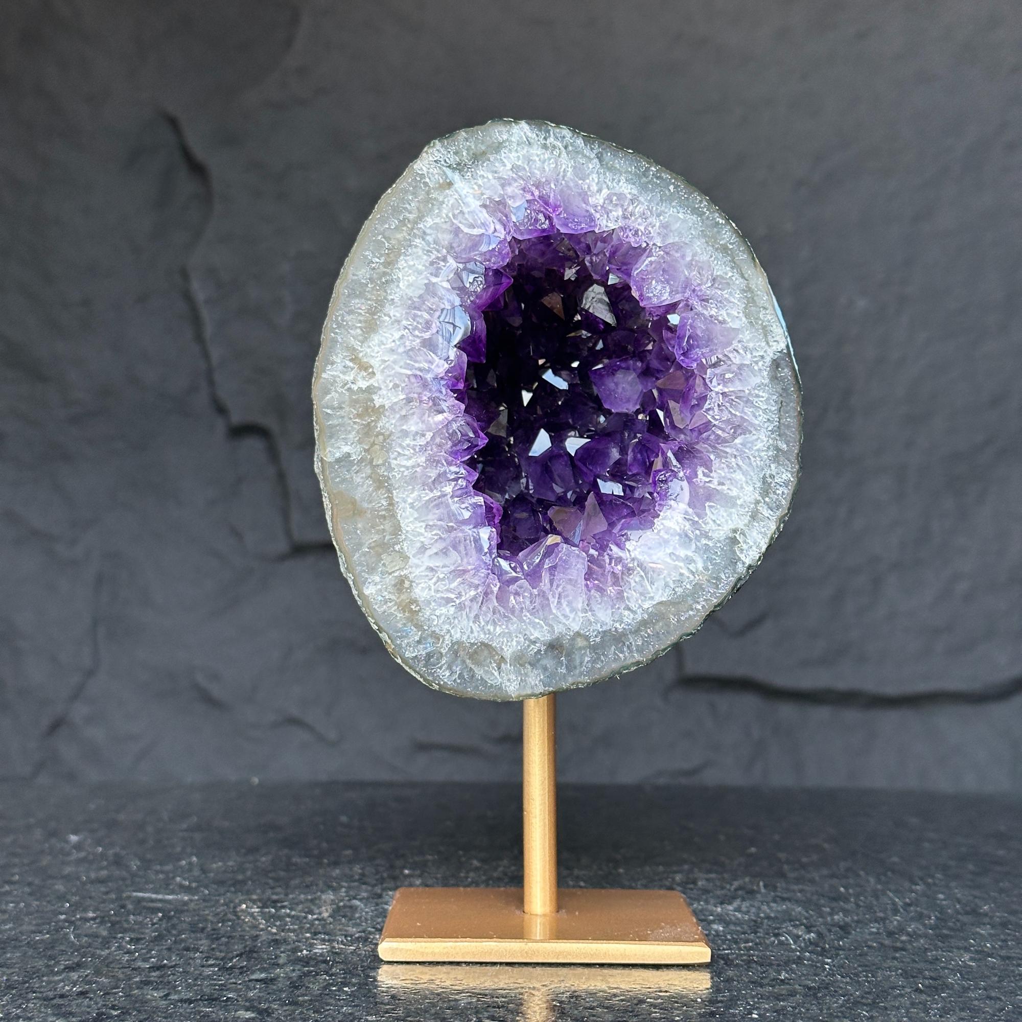 Natural Amethyst Geode, Deep Purple Crystal on Gold Metal Stand