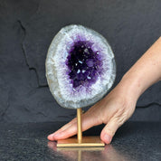 Natural Amethyst Geode, Deep Purple Crystal on Gold Metal Stand