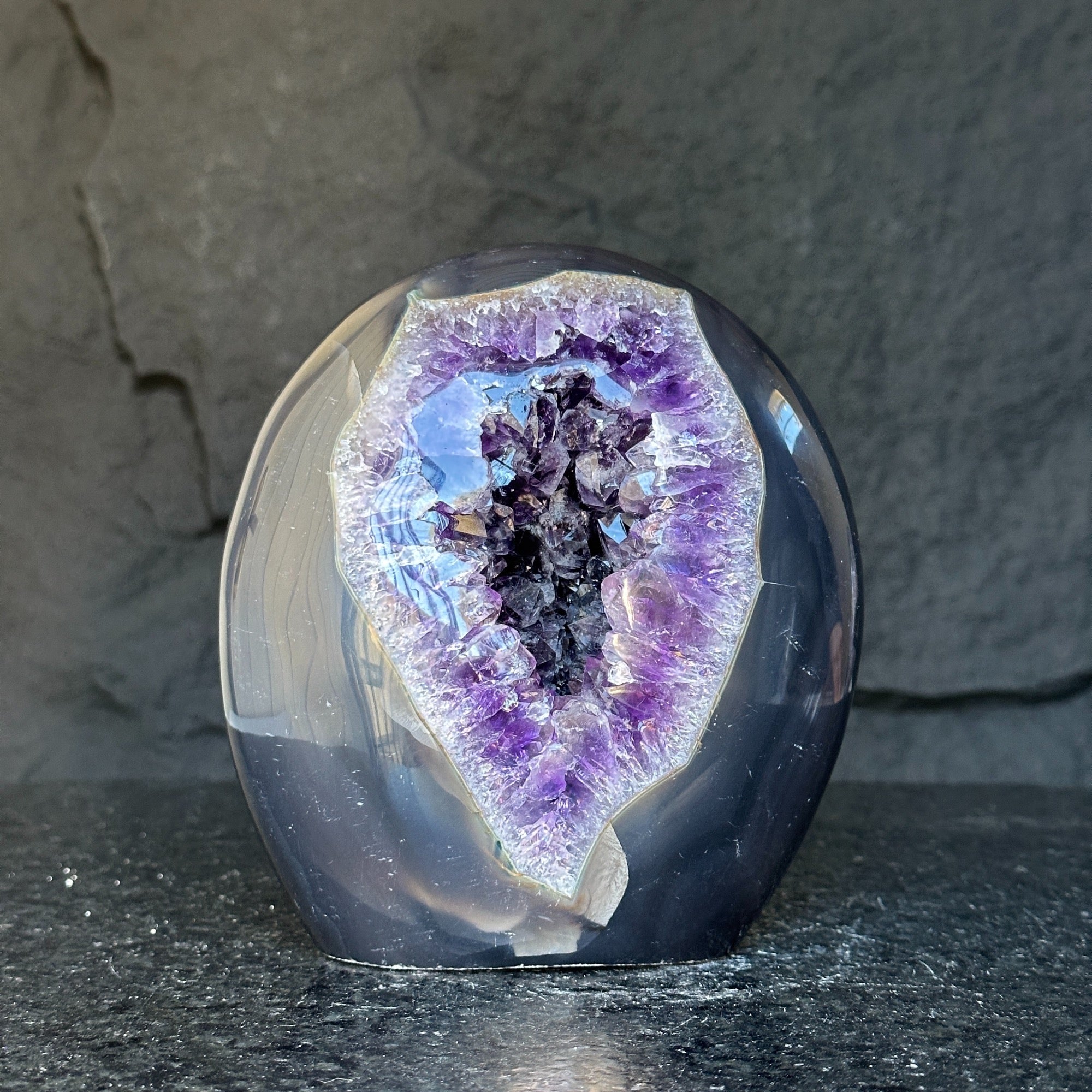 Crystal Geode, home decor with crystals, quartz and amethyst find, Amethyst with agate egg shaped