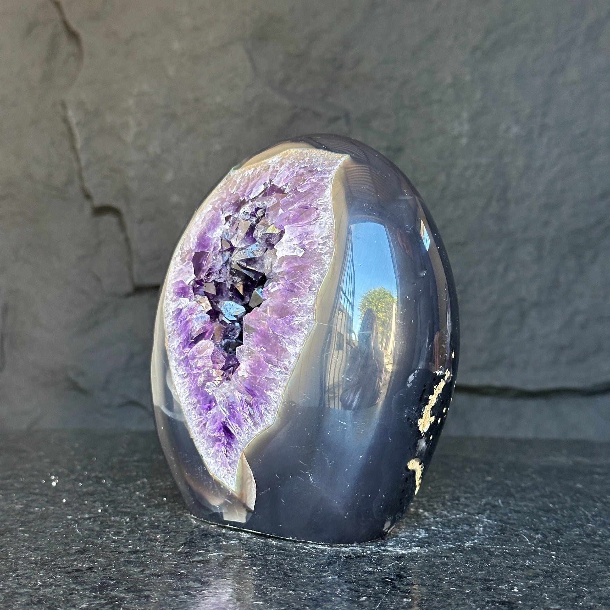 Crystal Geode, home decor with crystals, quartz and amethyst find, Amethyst with agate egg shaped