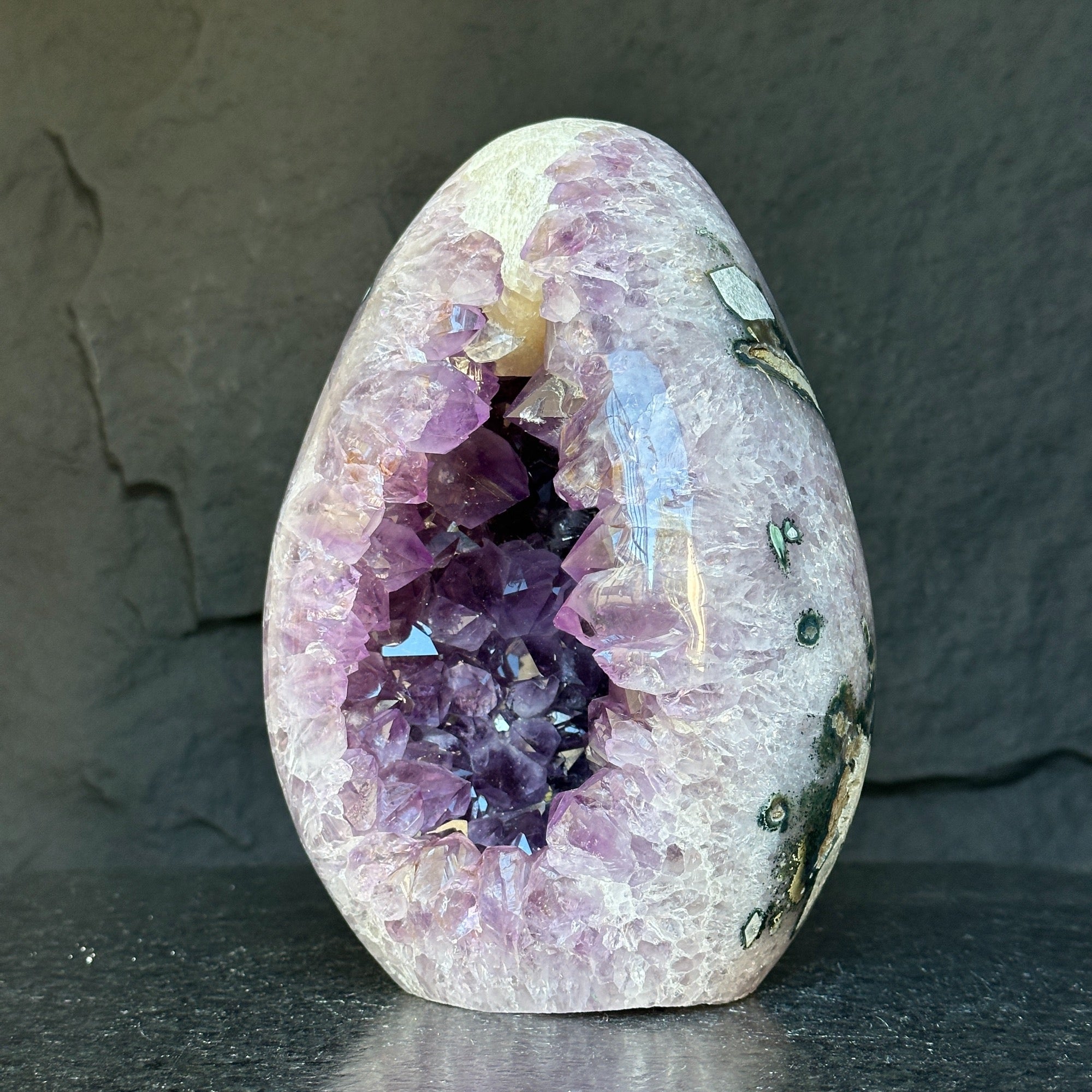 Amethyst Geode Crystal Egg with incredible Agate formations, Natural cave shaped polished agate stone